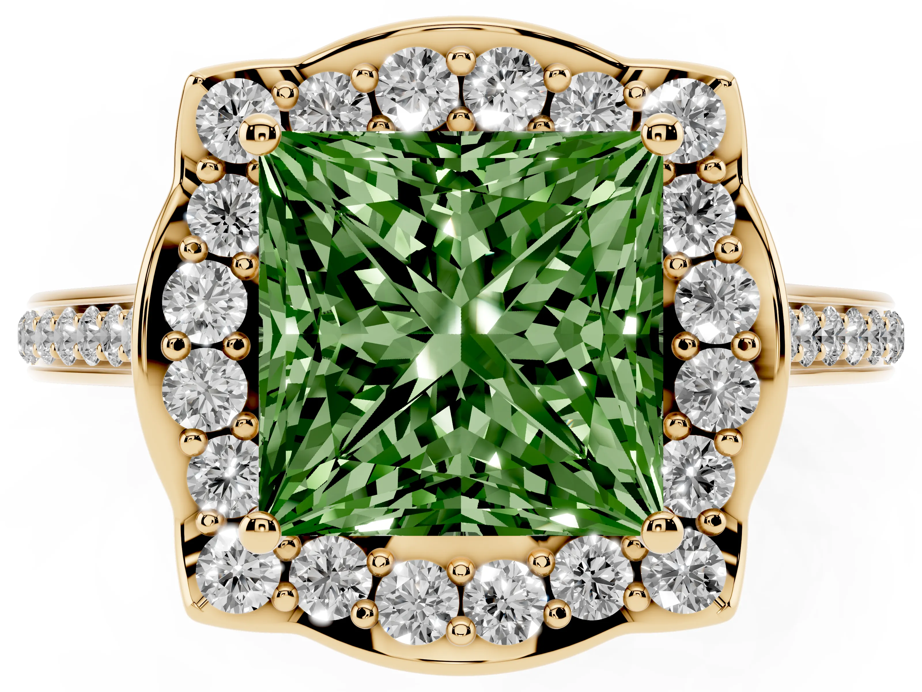 Fancy Green Princess Cut Diamond Halo Ring Set in Yellow gold with Pavé-Lined Shoulders and Prong Setting