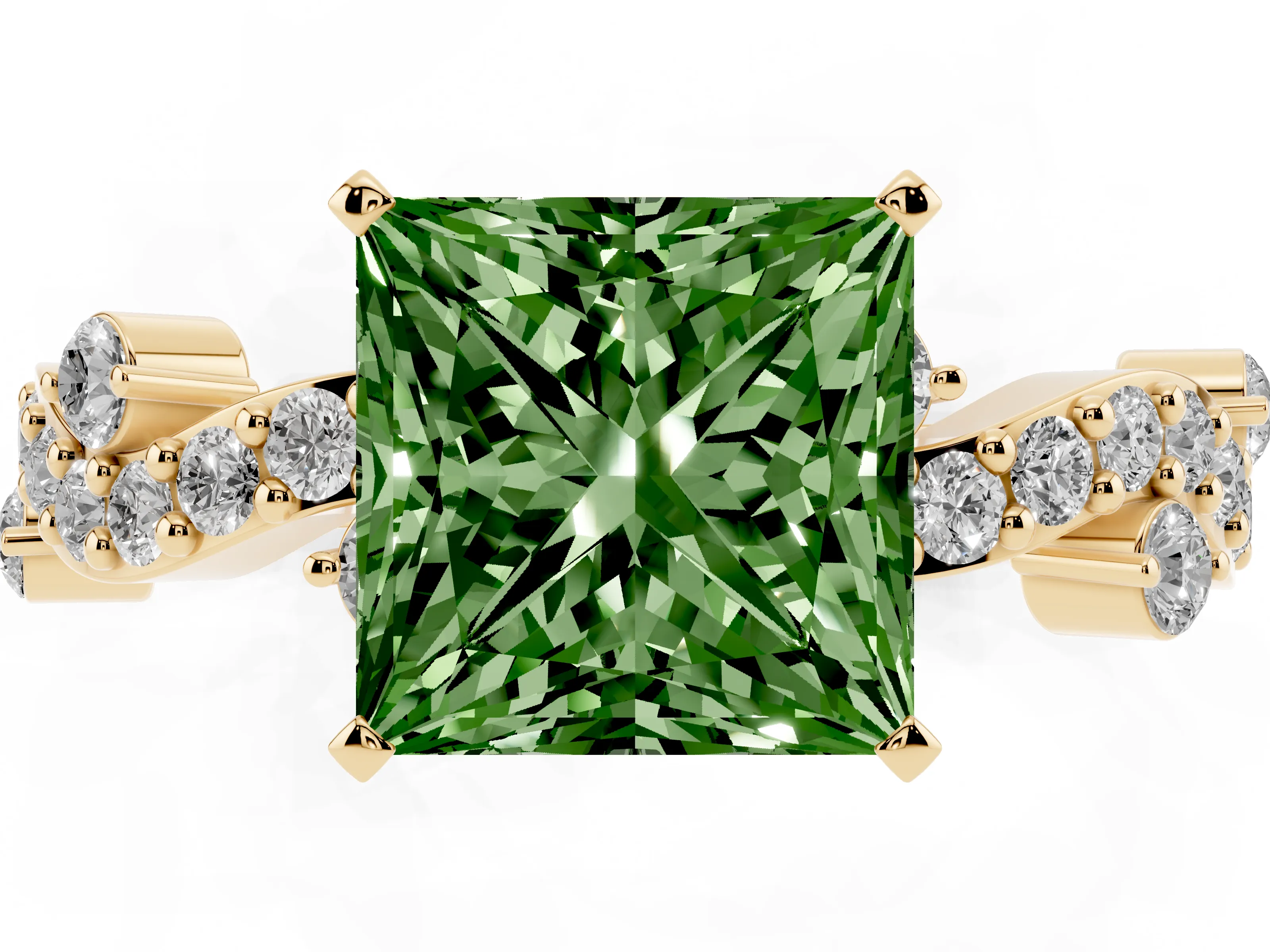 Fancy Green Princess Cut Diamond Solitaire Twisted Band Set in Yellow gold with Pavé Setting
