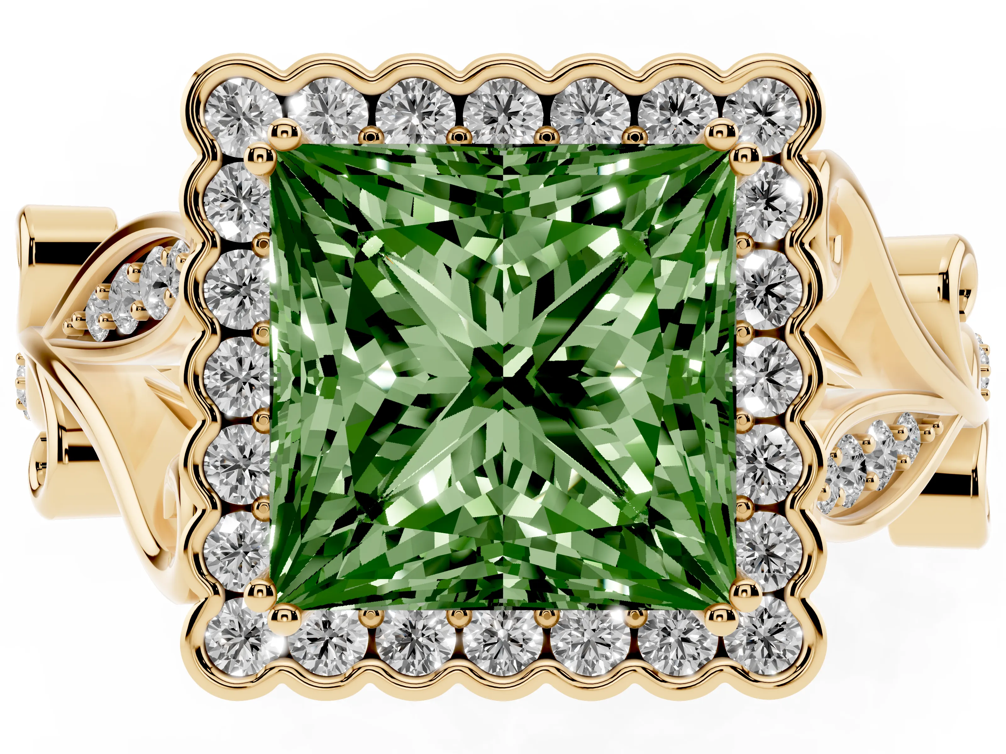 Fancy Green Princess Cut Diamond Halo Ring Set in Yellow gold with Leaf Motif Split Shank and Prong Setting