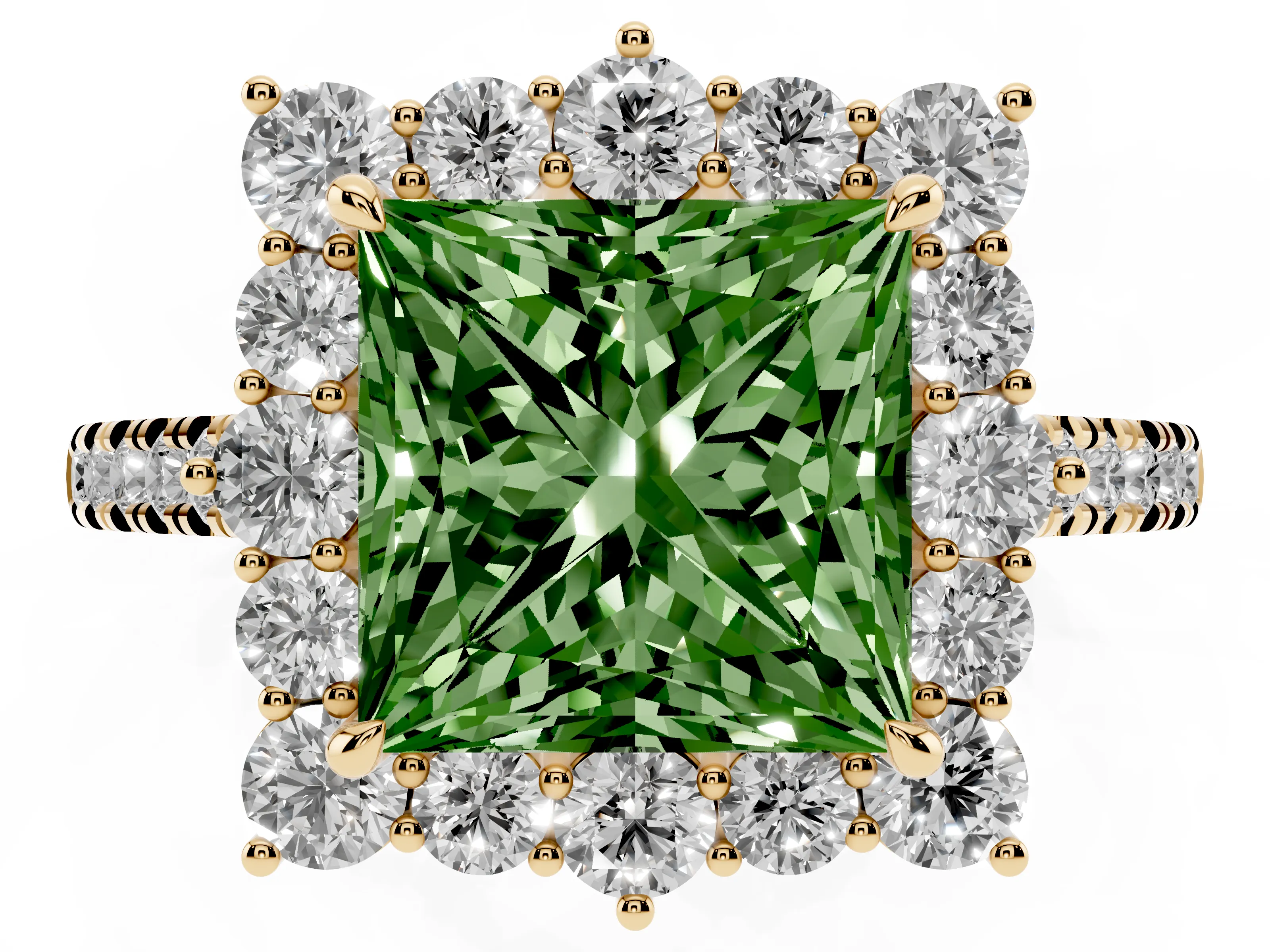 Fancy Green Princess Cut Diamond Halo Ring Set in Yellow gold with Pavé Band and Prong Setting