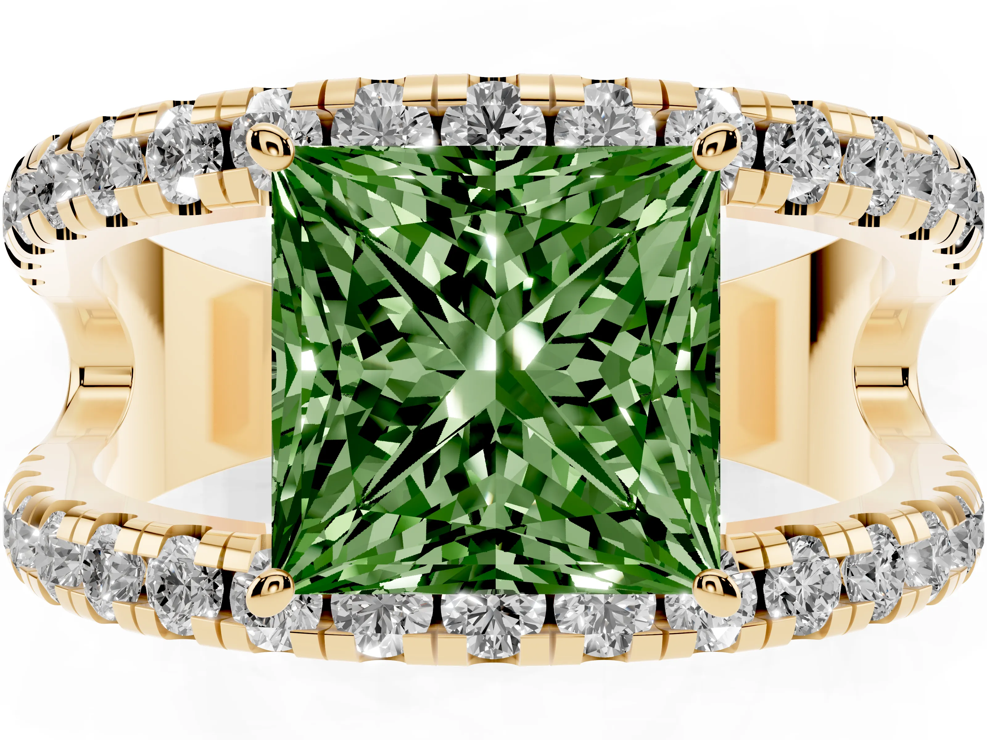 Fancy Green Princess Cut Diamond Split Shank Pavé Solitaire Ring Set in Yellow gold with Open Shank Design