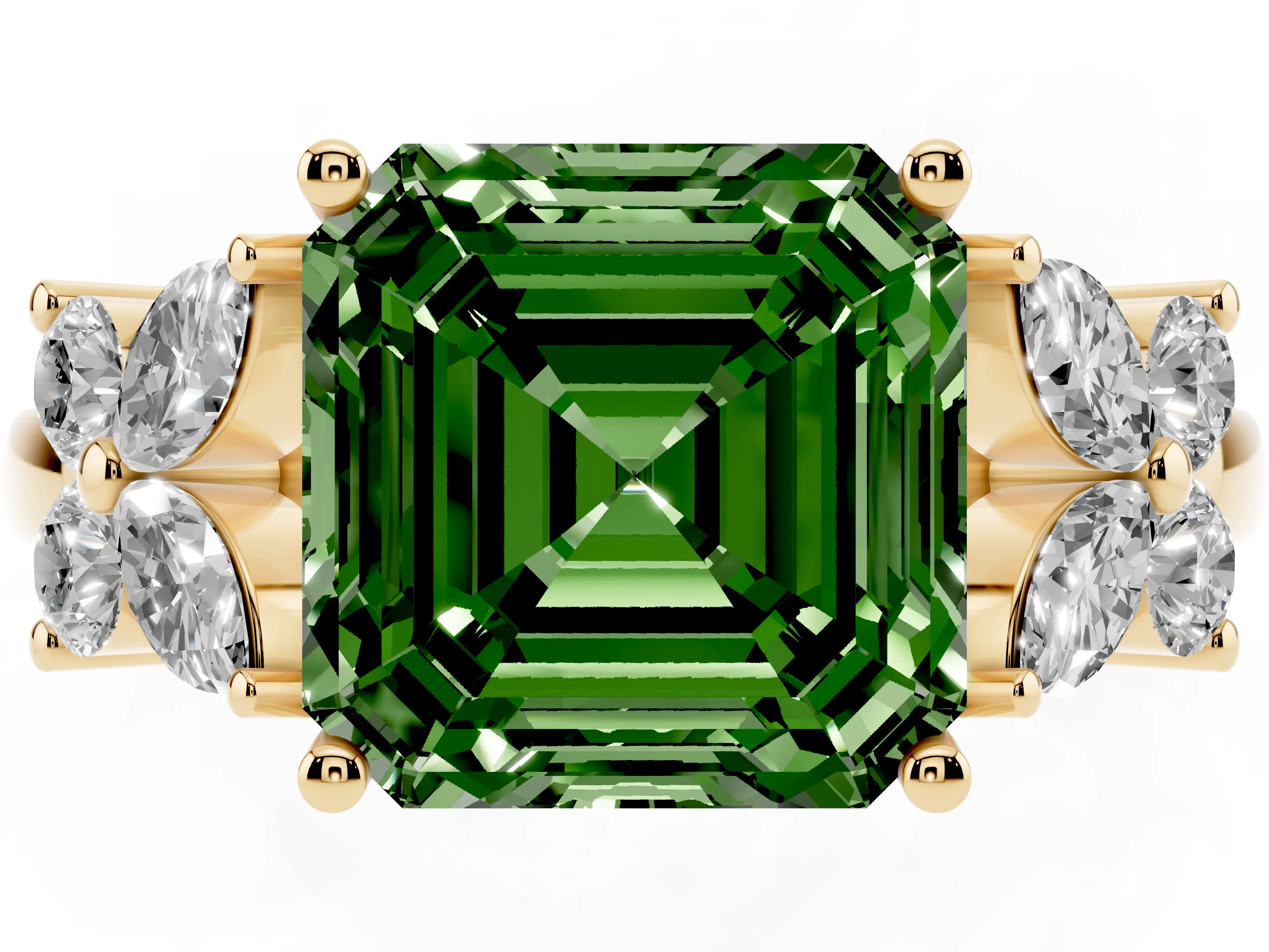 Fancy Green Princess Cut Diamond Floral Cluster Ring Set in Yellow gold with Marquise Petals and Prong Setting