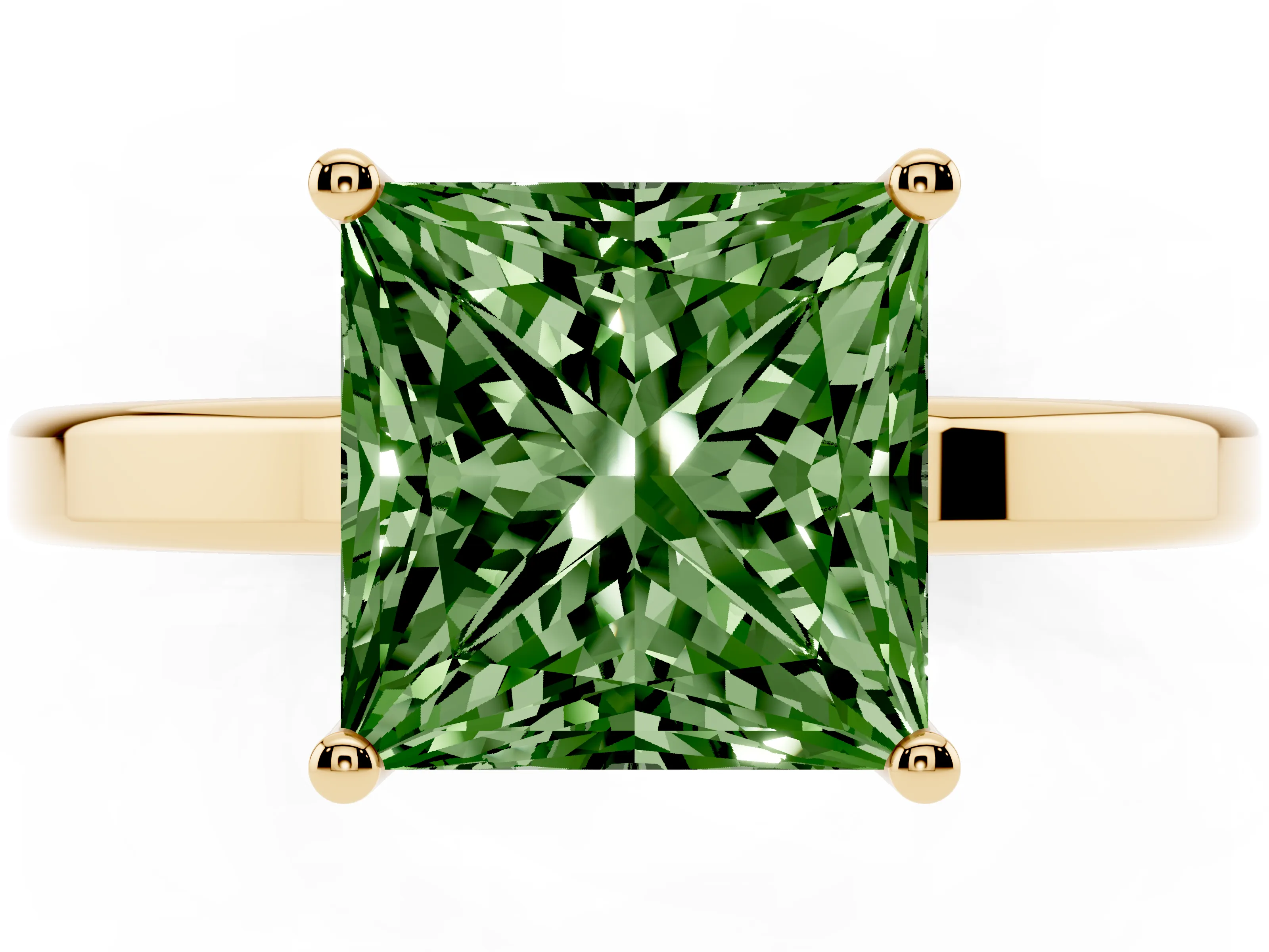 Fancy Green Princess Cut Diamond Solitaire Engagement Ring Set in Yellow gold with Prong Setting on a Plain Band