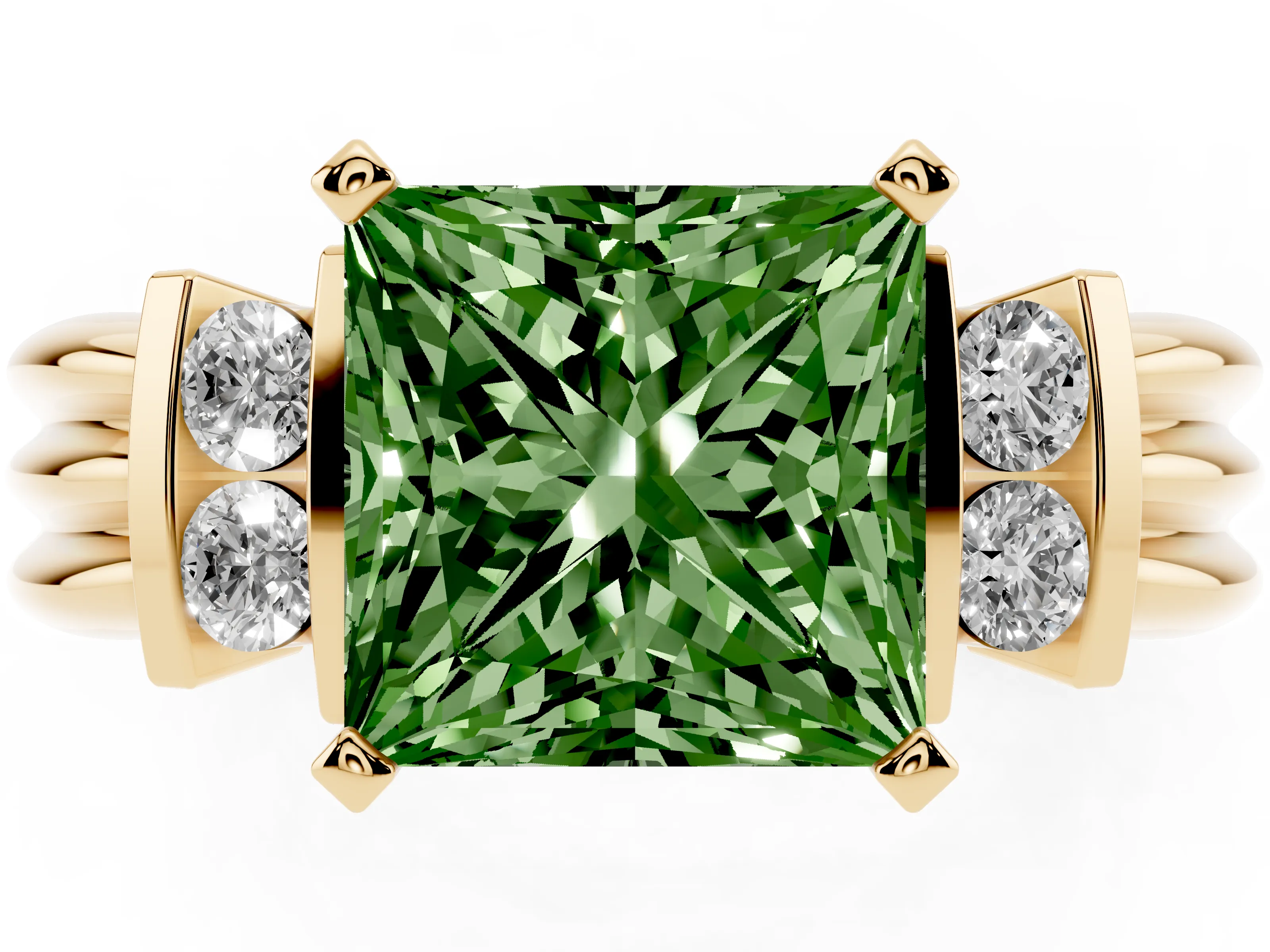 Fancy Green Three-Stone Princess Cut Diamond Channel Set Ring Set in Yellow gold with Bar Prongs