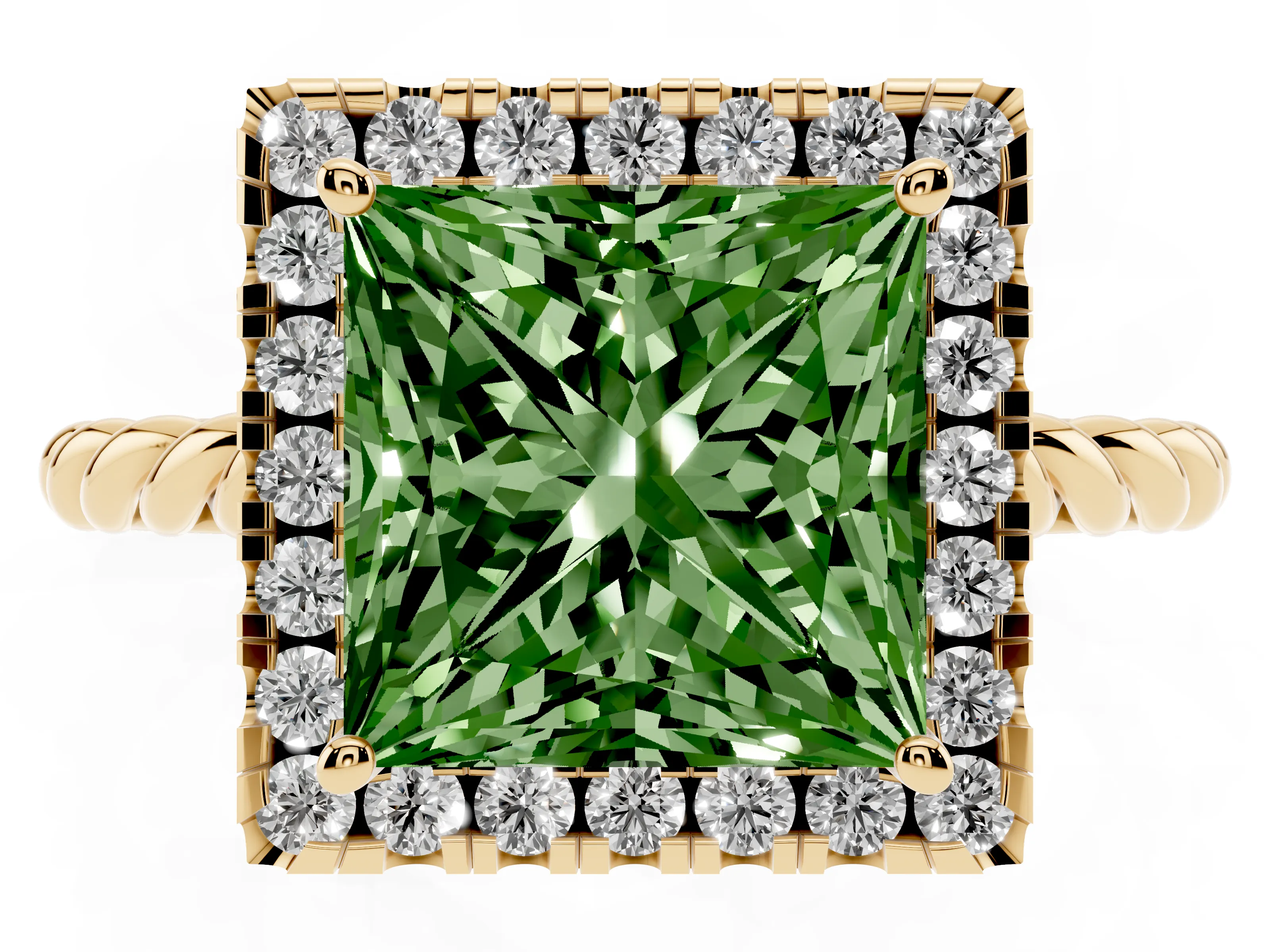 Fancy Green Princess Cut Diamond Halo Ring Set in Yellow gold with Plain Twisted Band