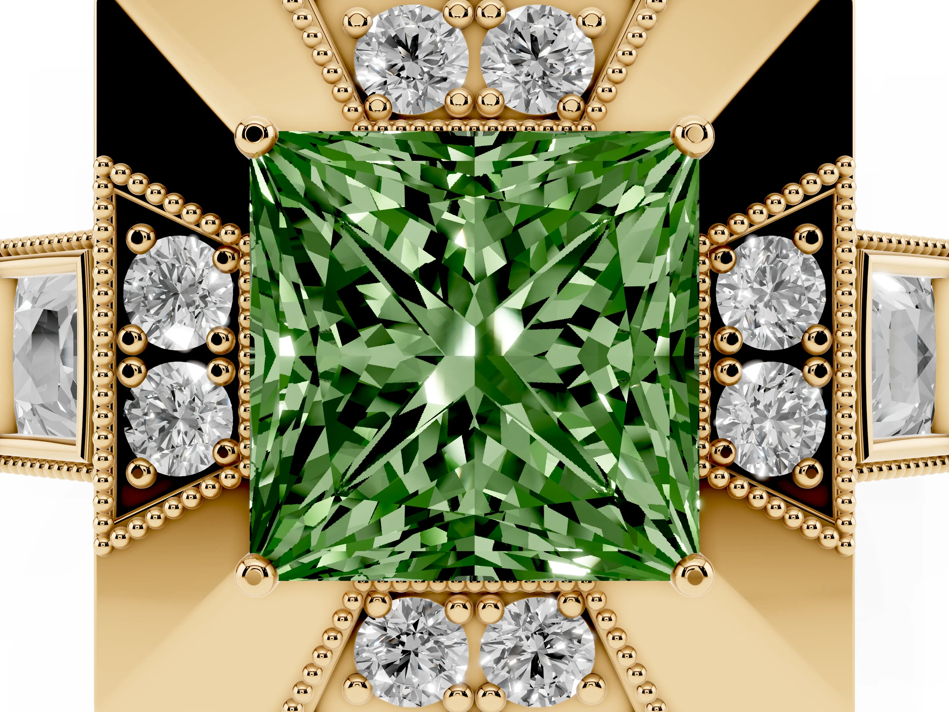 Fancy Green Princess Cut Diamond Milgrain Halo Ring Set in Yellow gold with Split Shank