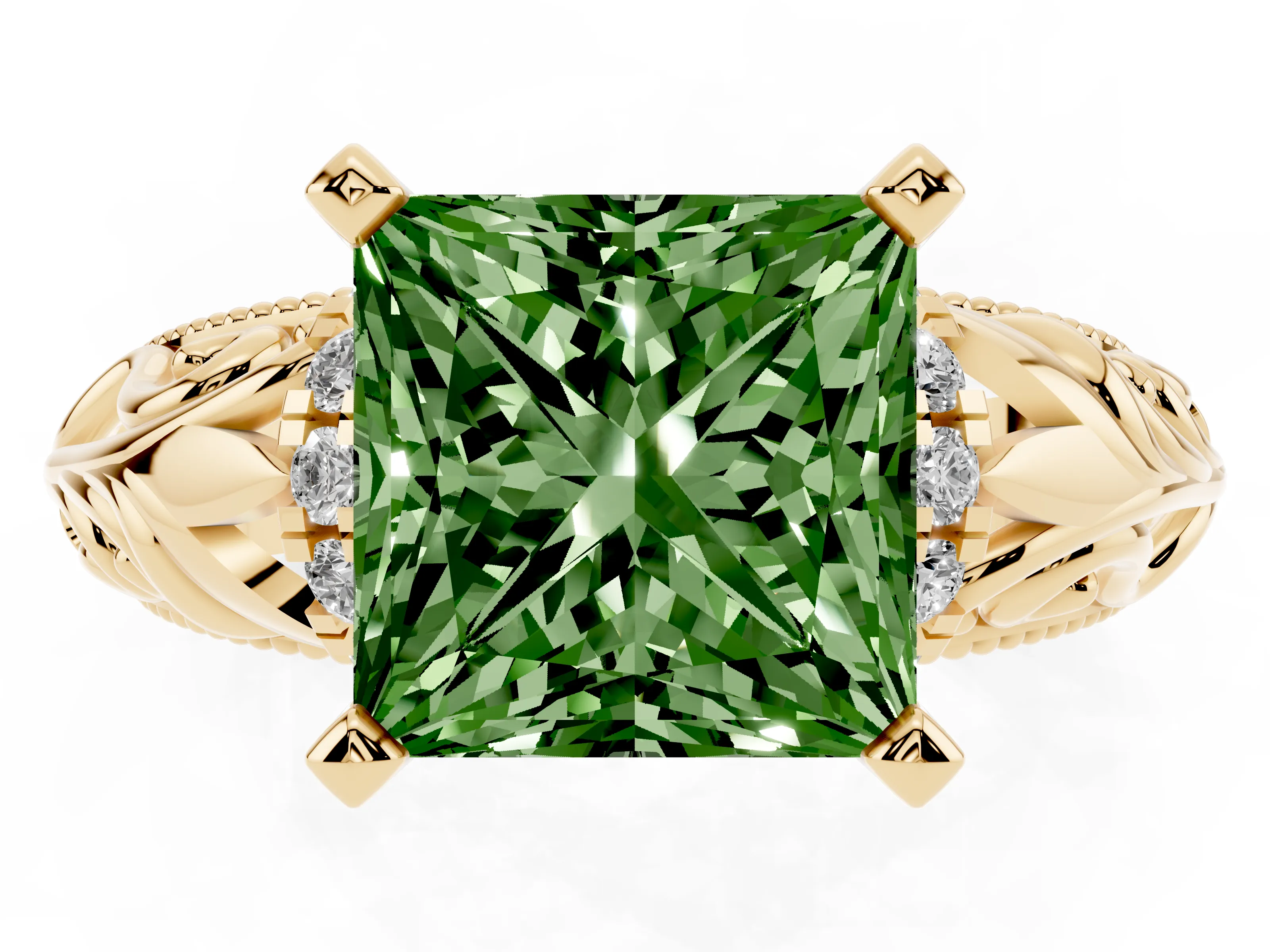 Fancy Green Princess Cut Diamond Filigree Halo Engagement Ring Set in Yellow gold with Prong Setting