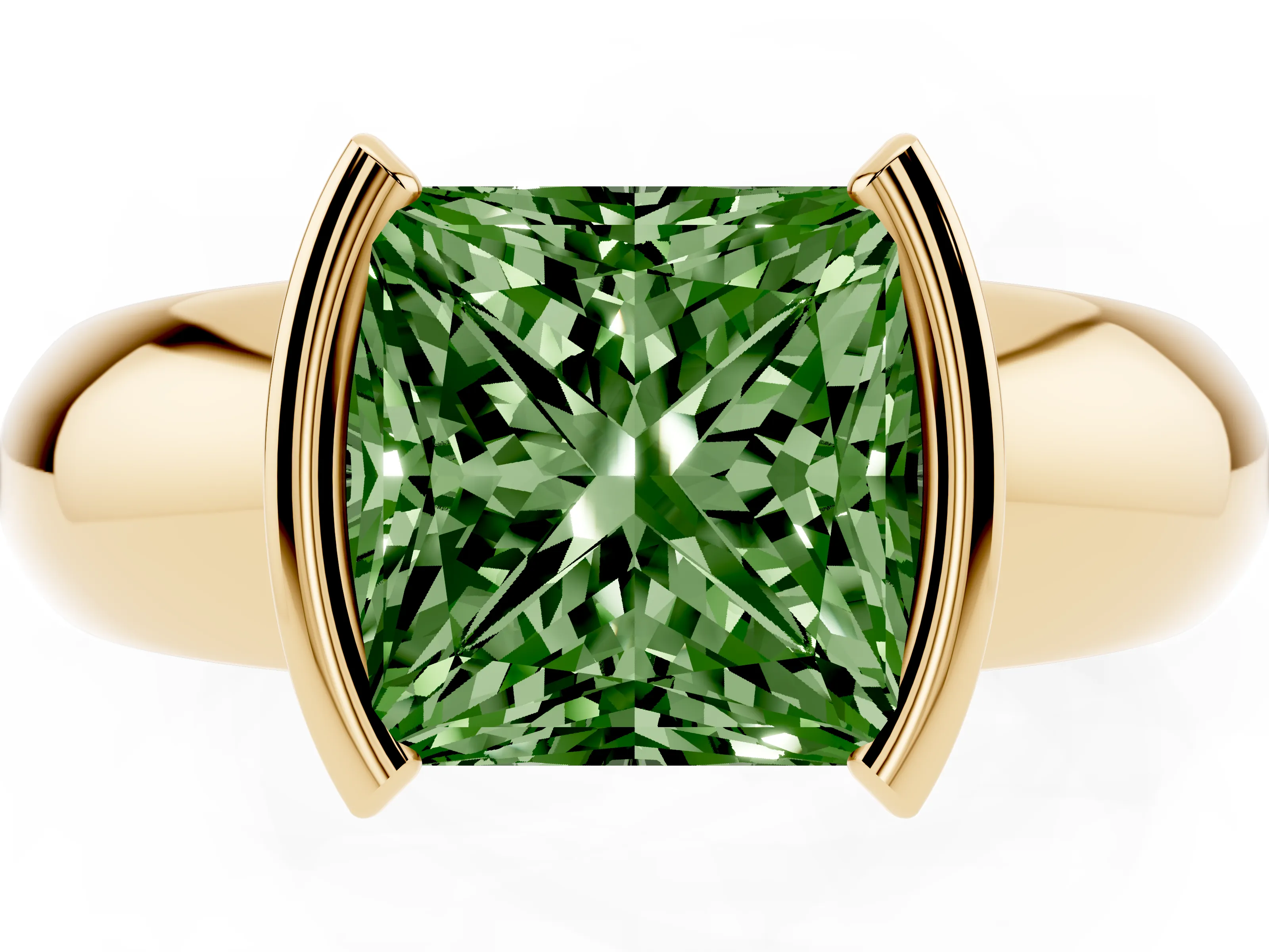 Fancy Green Princess Cut Diamond Solitaire Tension Set Ring Set in Yellow gold with Wide Band