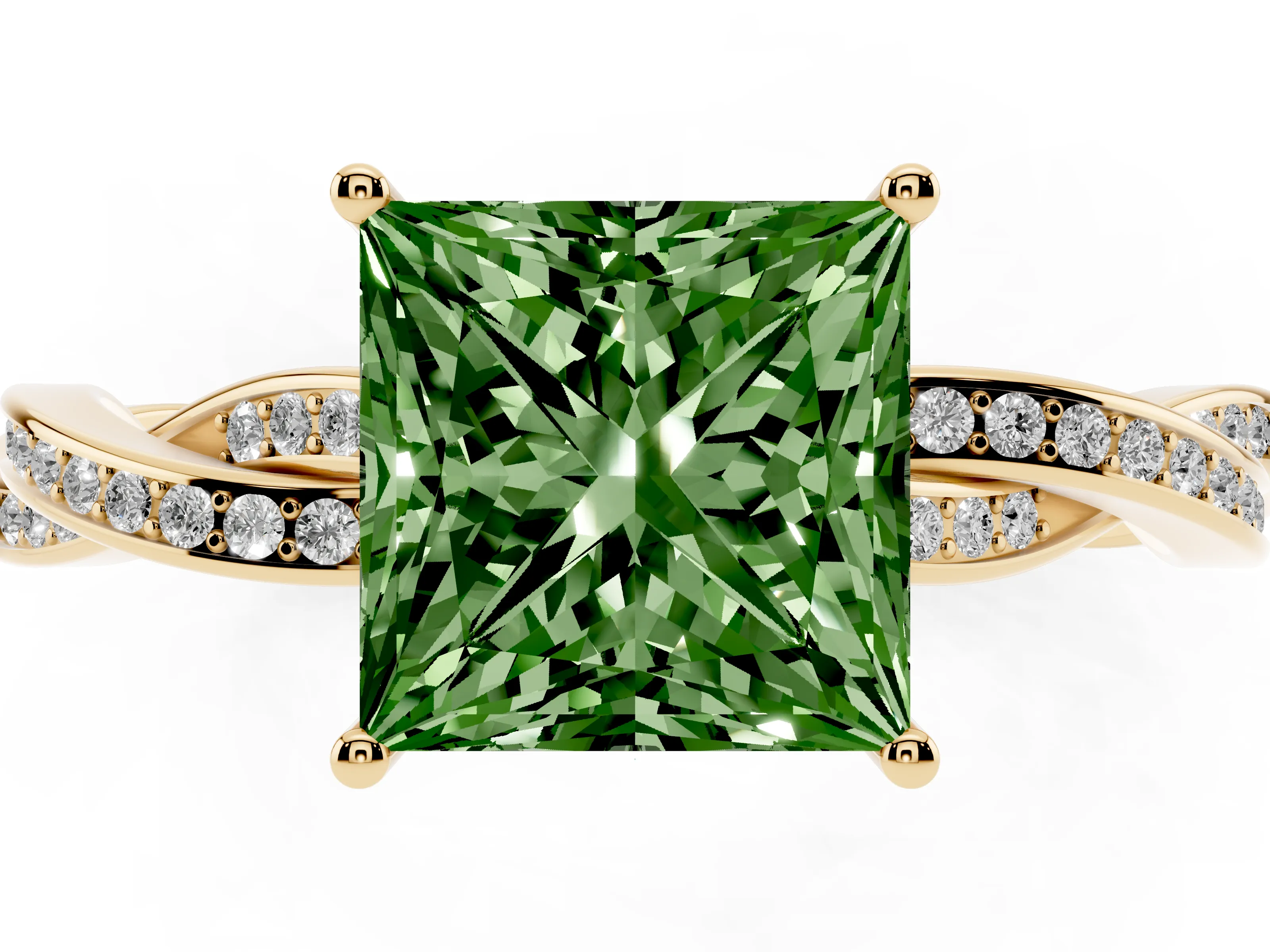 Fancy Green Princess Cut Diamond Solitaire Twisted Pavé Ring Set in Yellow gold with Prong Setting