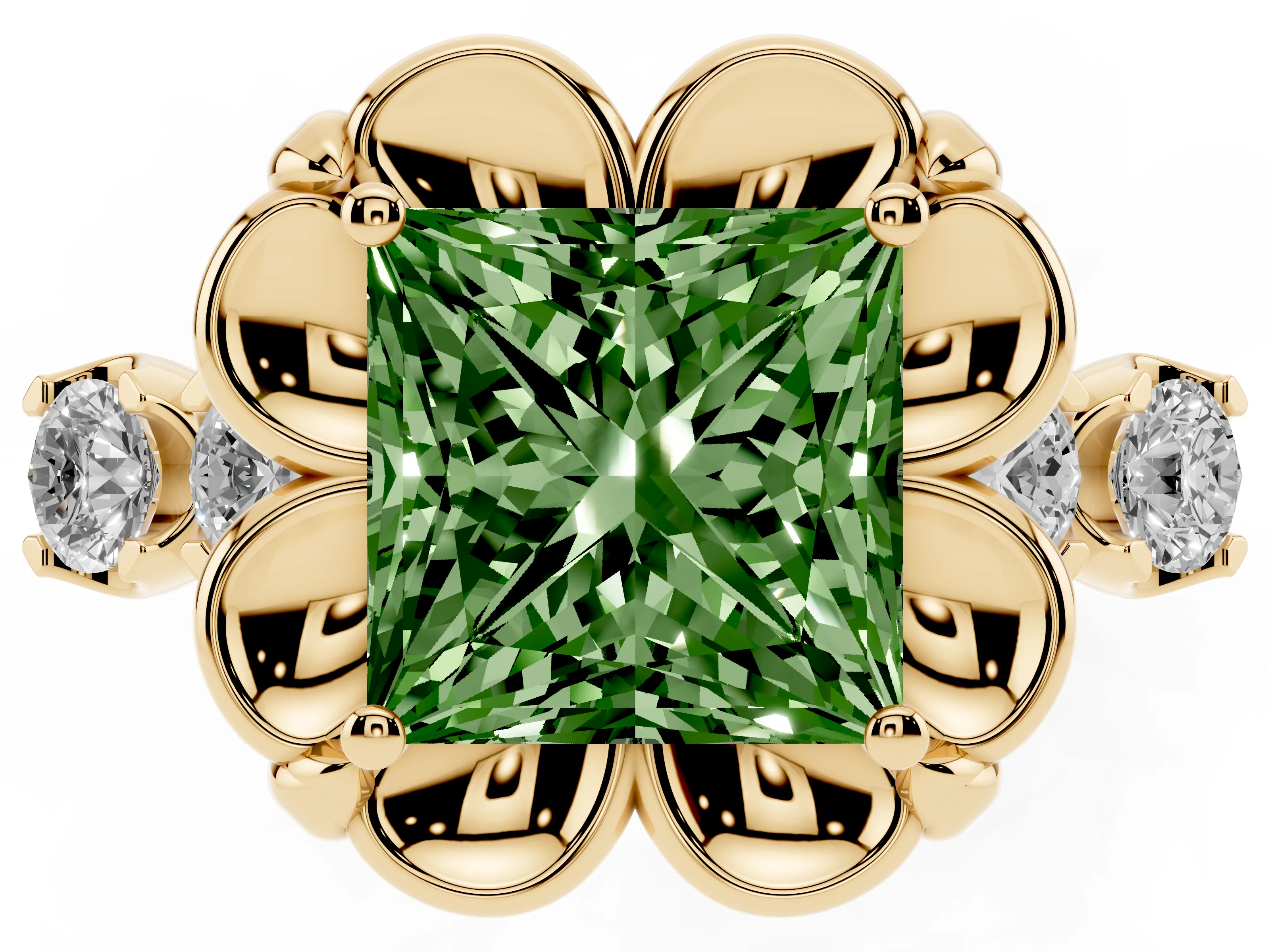 Fancy Green Princess Cut Diamond Floral Halo Ring Set in Yellow gold with Shared Prong Band