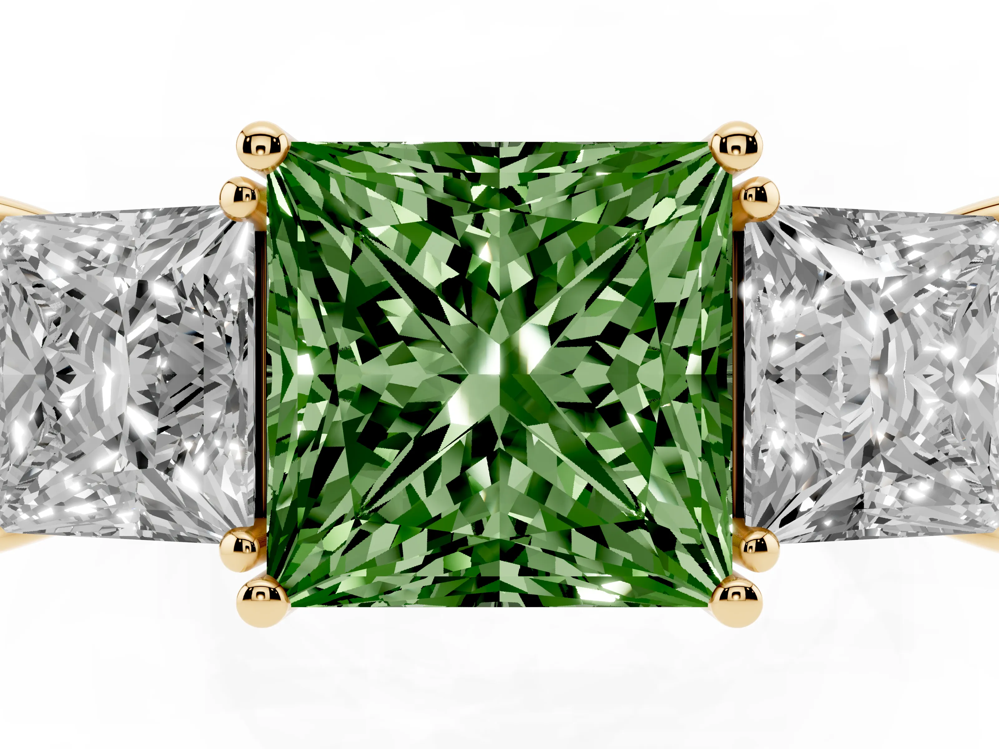 Fancy Green Princess Cut Diamond Three-Stone Engagement Ring Set in Yellow gold with Flat Band