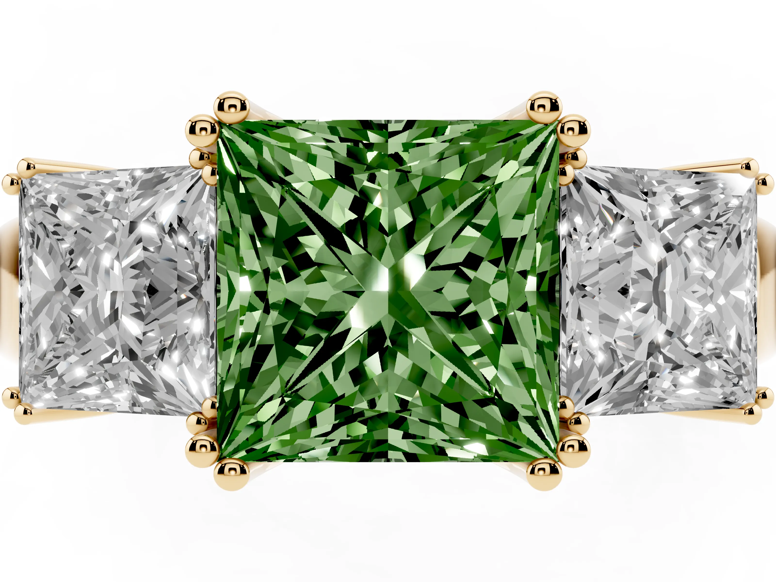 Fancy Green Princess Cut Diamond Three-Stone Ring Set in Yellow gold with Polished Channel-Set Band