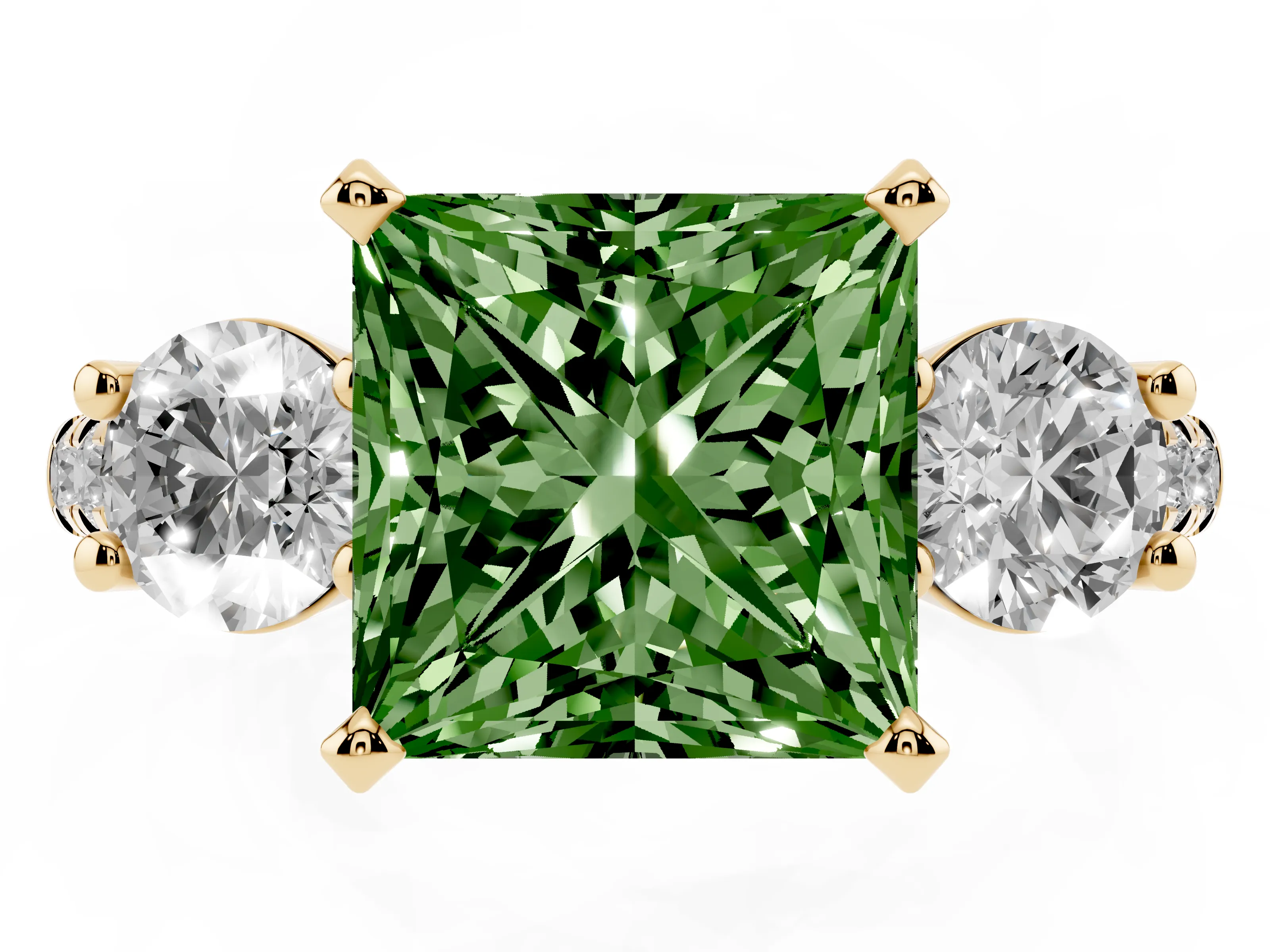 Fancy Green Three-Stone Princess Cut Diamond Pavé Band Ring Set in Yellow gold with Prong-Set Trio