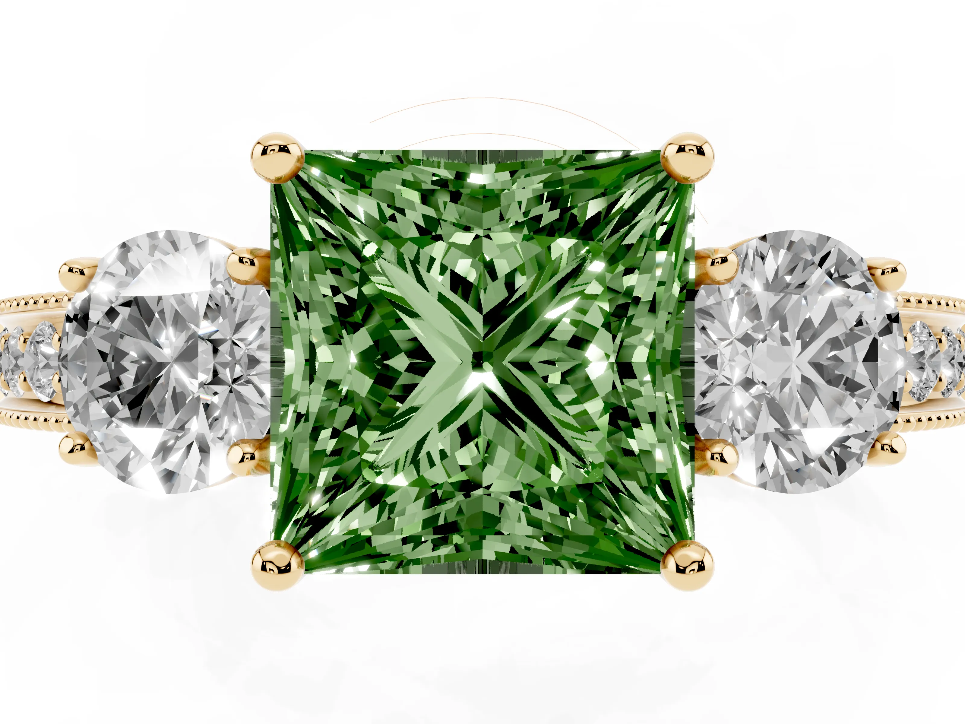 Fancy Green Princess Cut Diamond Three-Stone Ring Set in Yellow gold with Round Side Stones and Pavé Band