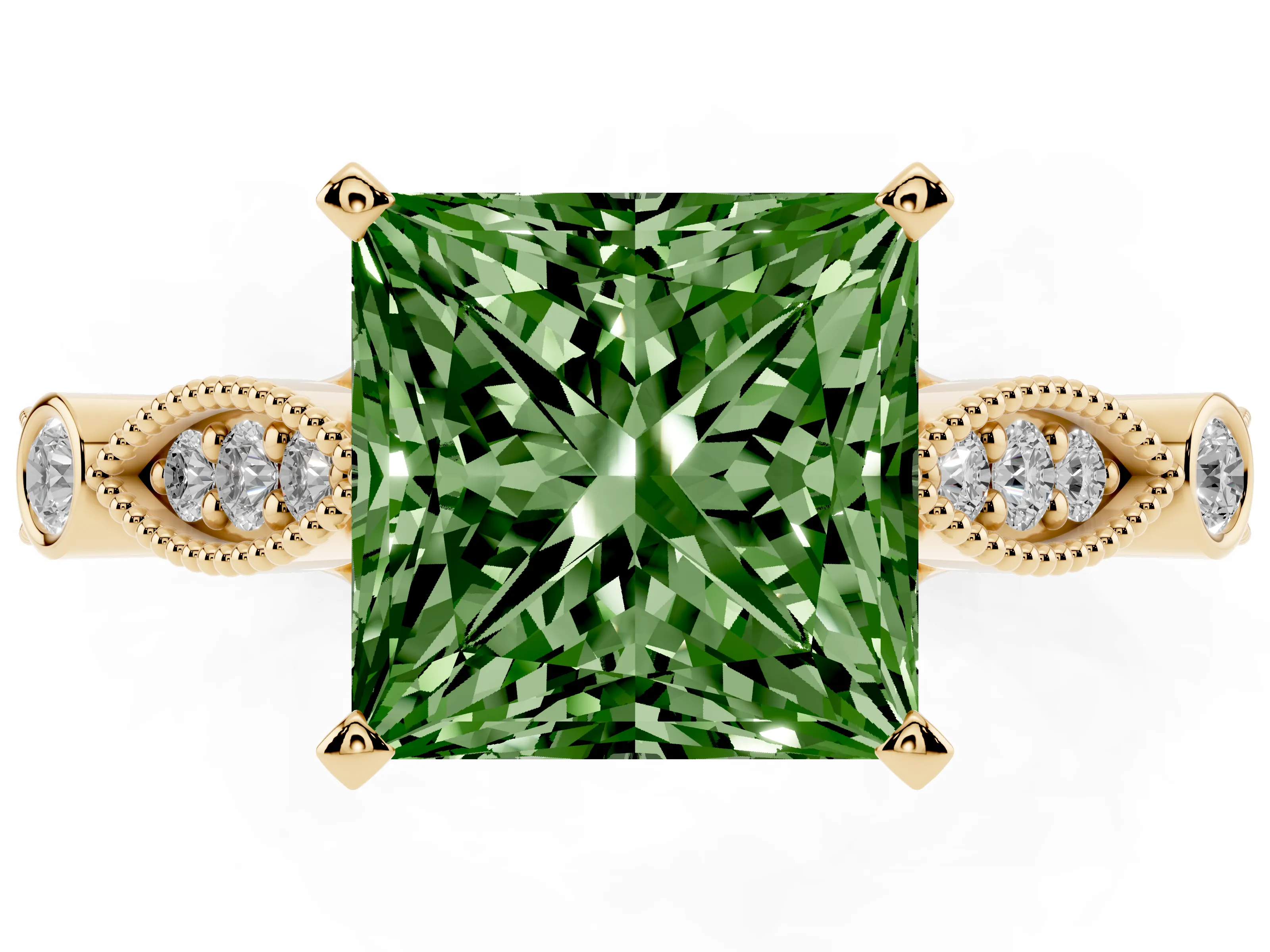 Fancy Green Princess Cut Diamond Solitaire Ring Set in Yellow gold with Milgrain Marquise and Bezel Accents