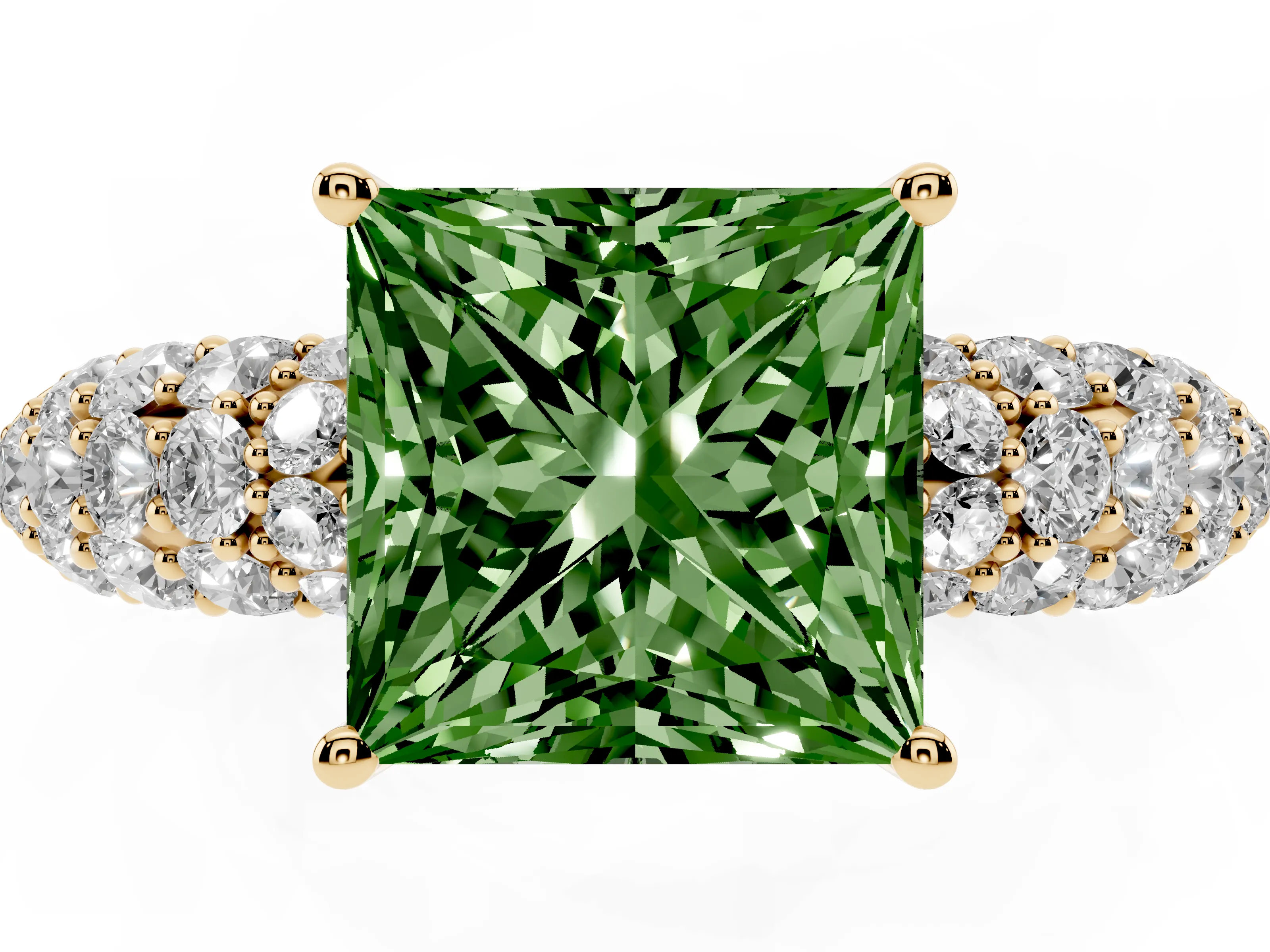 Fancy Green Princess Cut Diamond Pavé Band Solitaire Ring Set in Yellow gold with Close-Set Accent Stones and Prong Setting