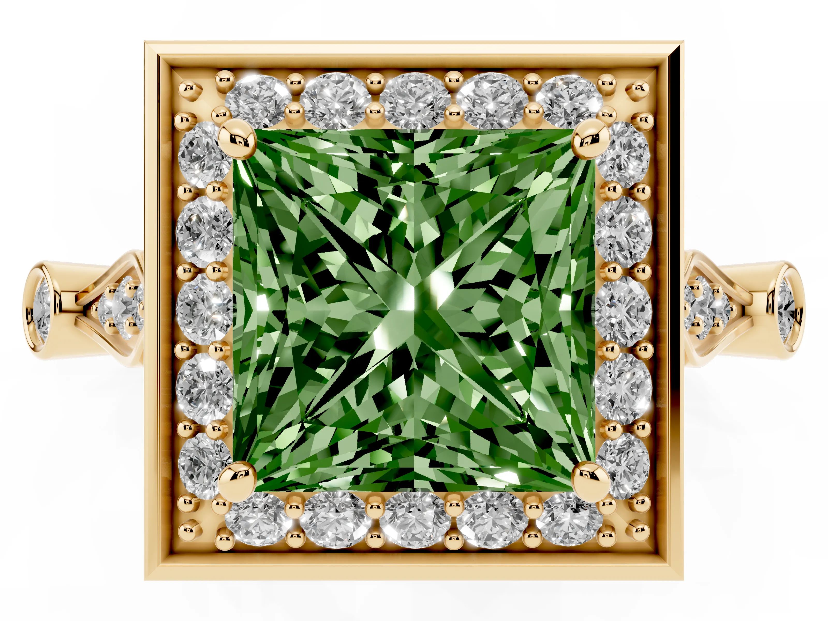 Fancy Green Princess Cut Diamond Halo Engagement Ring Set in Yellow gold with Twisted Band and Prong Setting