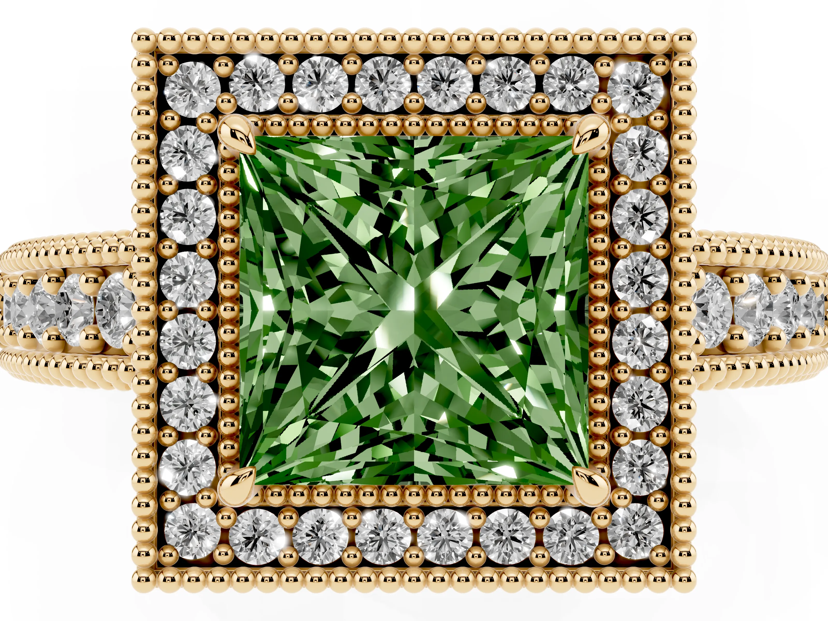 Fancy Green Princess Cut Diamond Halo Ring Set in Yellow gold with Round Accent Halo, Pavé Band and Prong Setting