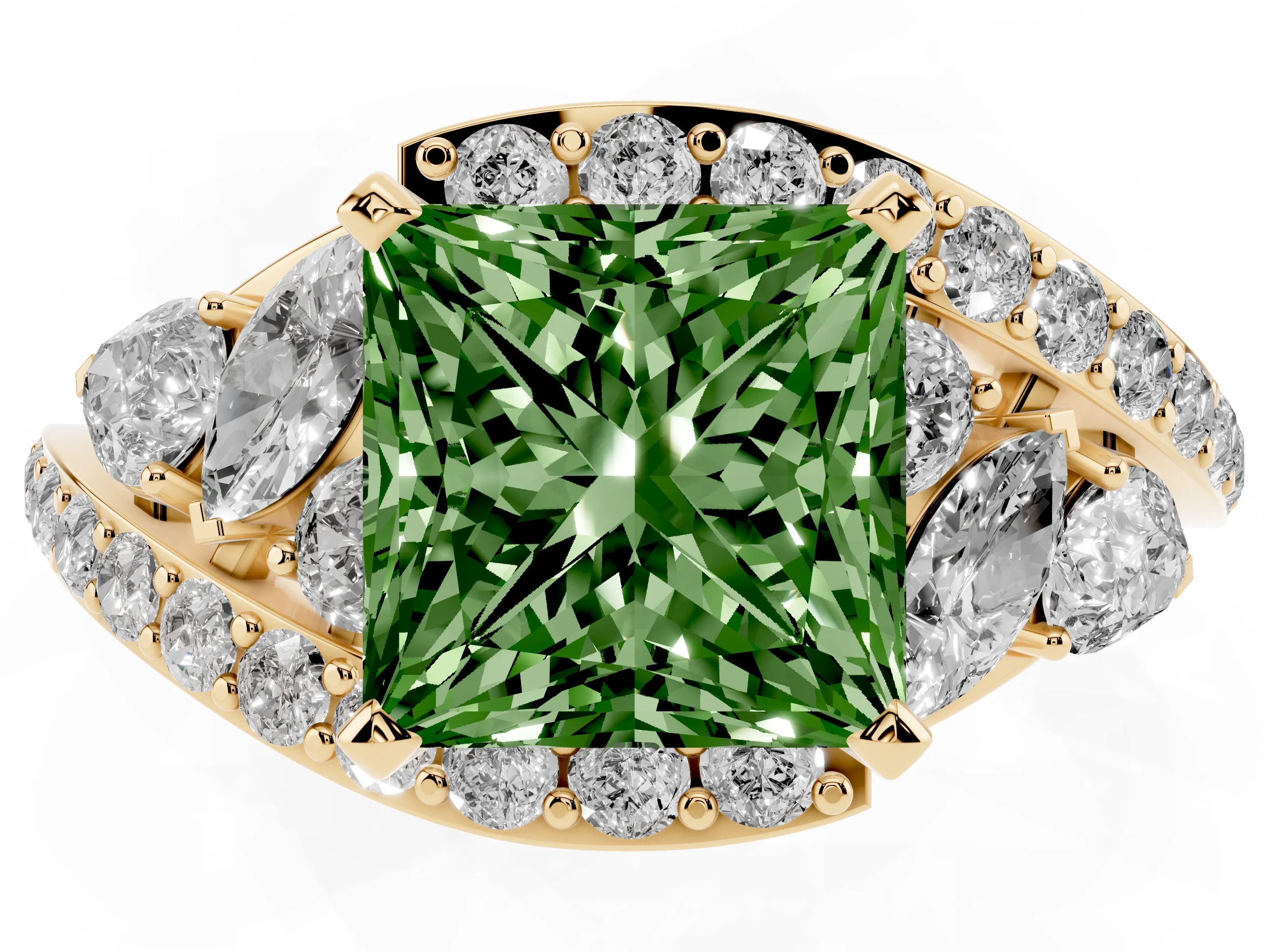 Fancy Green Princess Cut Diamond Halo Ring Set in Yellow gold with Marquise and Pavé Band in Prong Setting