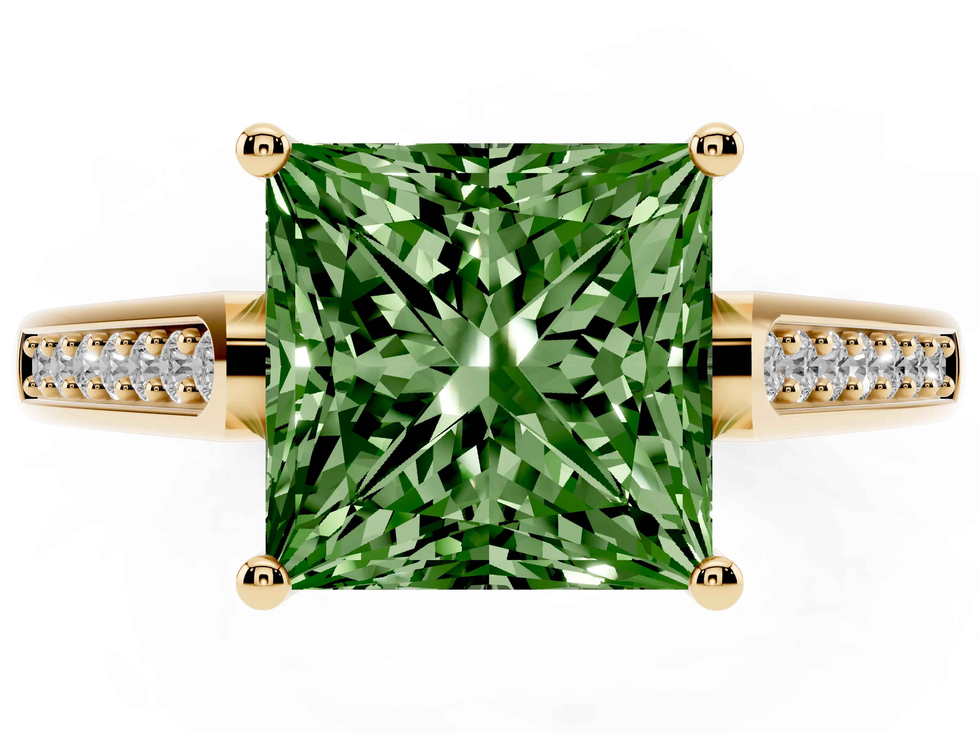 Fancy Green Princess Cut Diamond Solitaire Cathedral Engagement Ring Set in Yellow gold with Channel-Set Band and Prong Setting