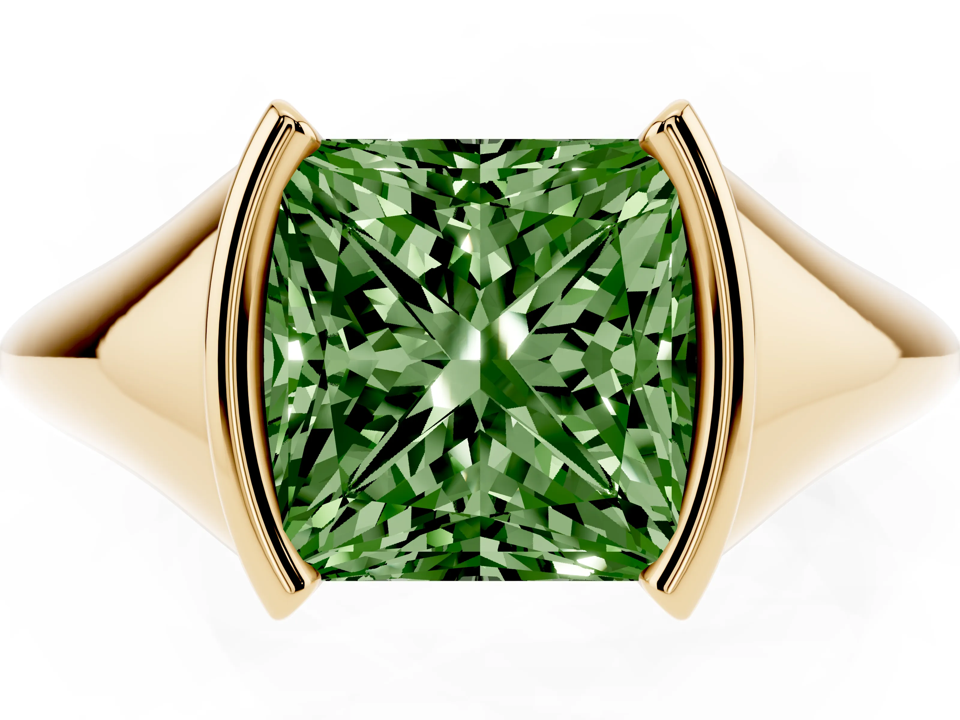 Fancy Green Princess Cut Diamond Solitaire Tension Set Ring Set in Yellow gold