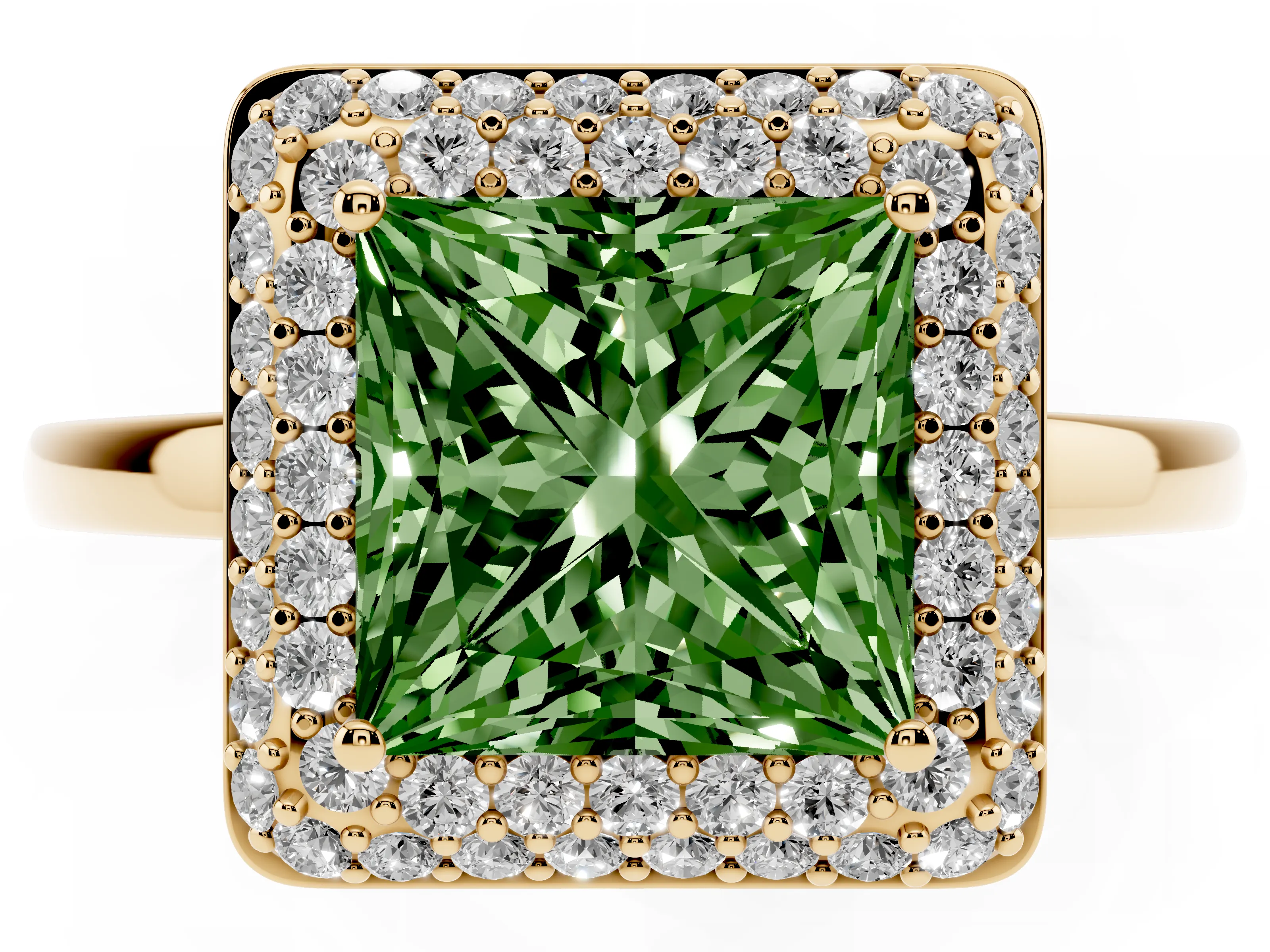 Fancy Green Princess Cut Diamond Halo Engagement Ring Set in Yellow gold with Solitaire Band and Prong Setting