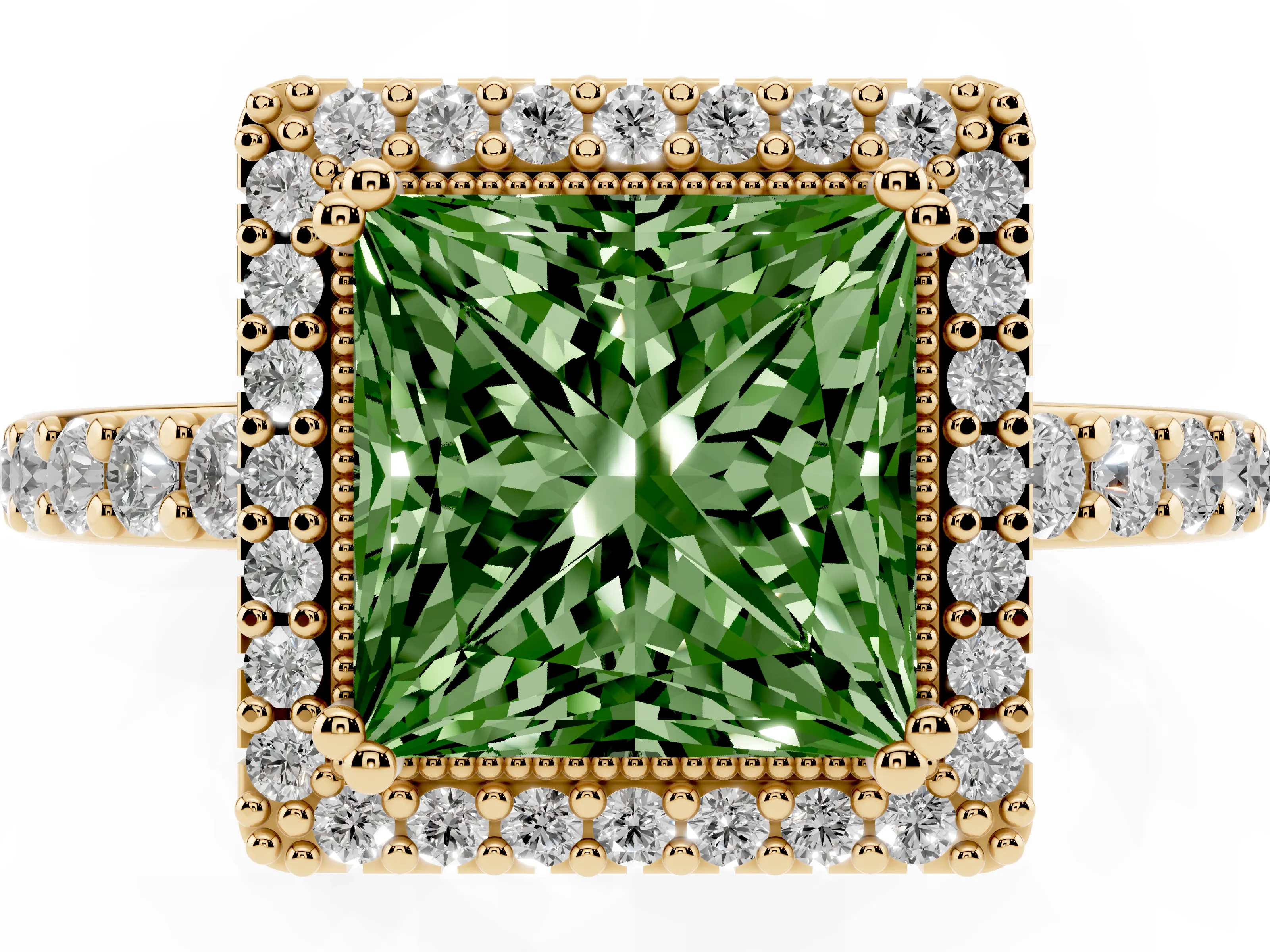Fancy Green Princess Cut Diamond Halo Engagement Ring Set in Yellow gold with Milgrain Detail and Pavé Band