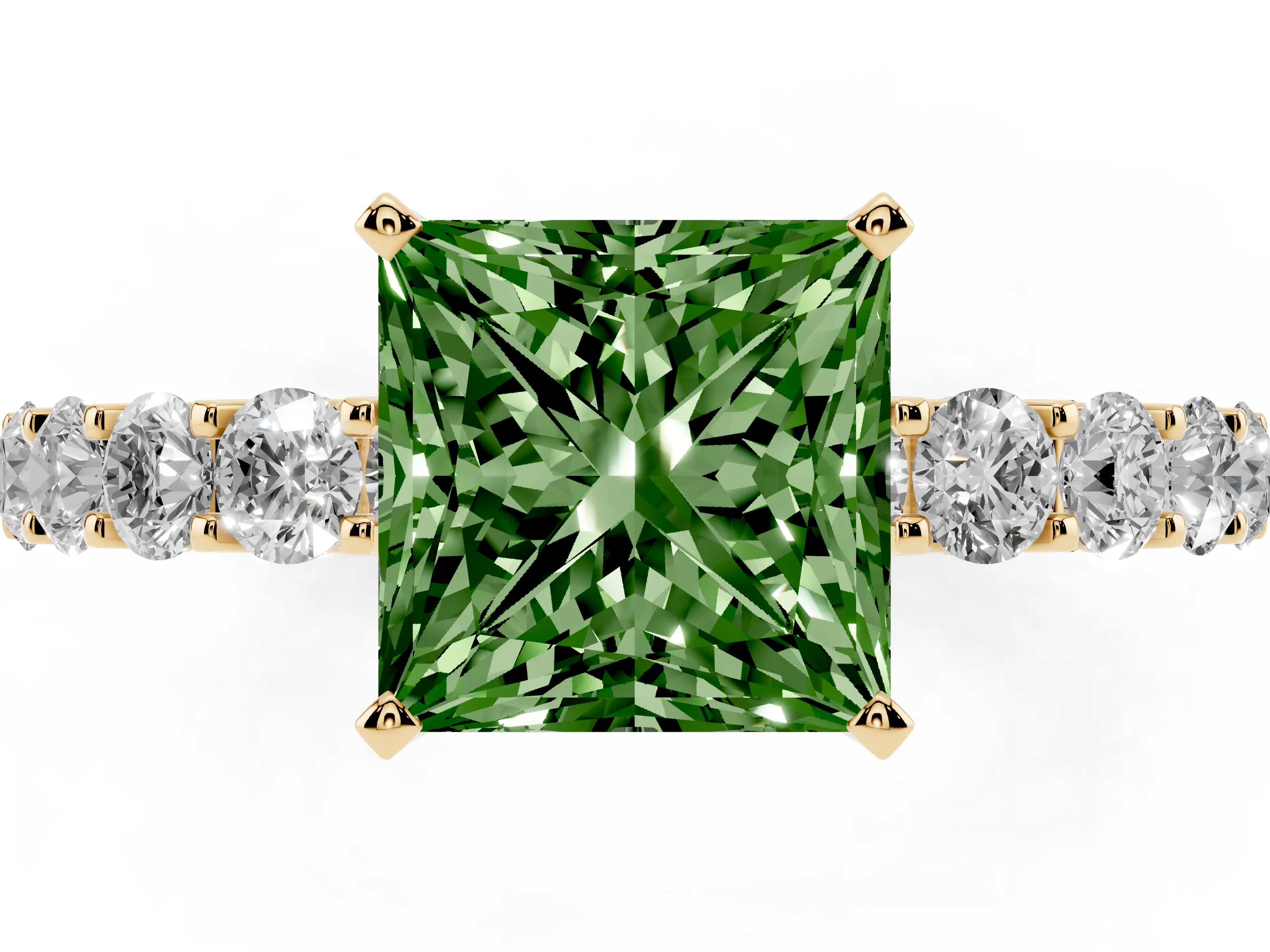 Fancy Green Princess Cut Diamond Solitaire Ring Set in Yellow gold with Shared Prong Pavé Band