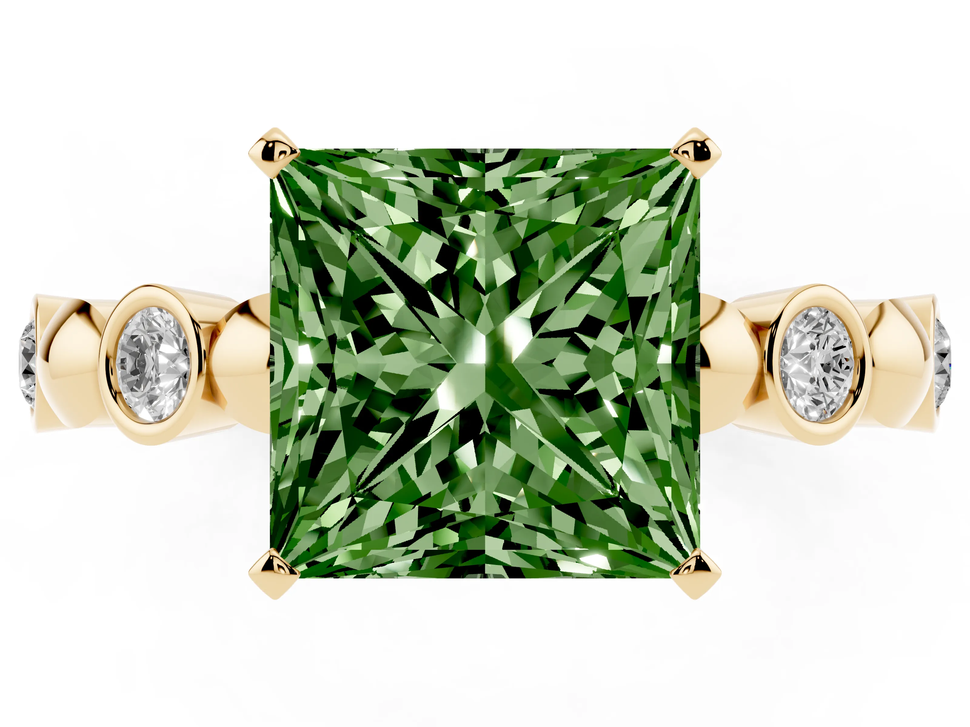 Fancy Green Princess Cut Diamond Solitaire Ring Set in Yellow gold with Bezel-Set Accents on Beaded Band and Prong Setting