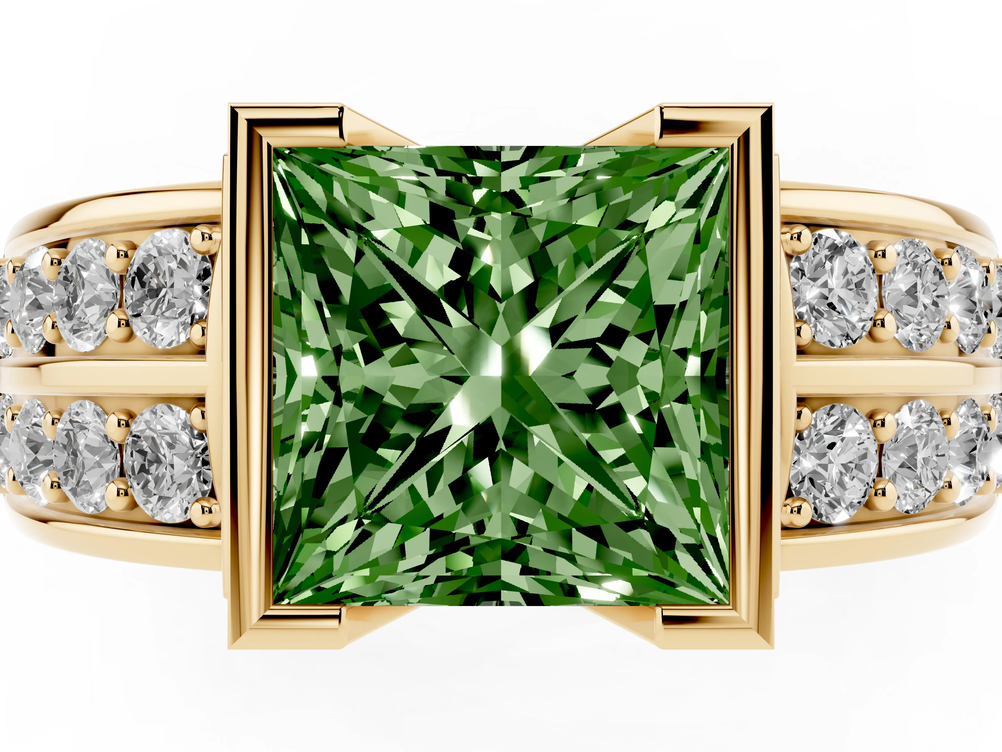 Fancy Green Princess Cut Diamond Wide Channel Set Band Ring Set in Yellow gold with Bezel Setting