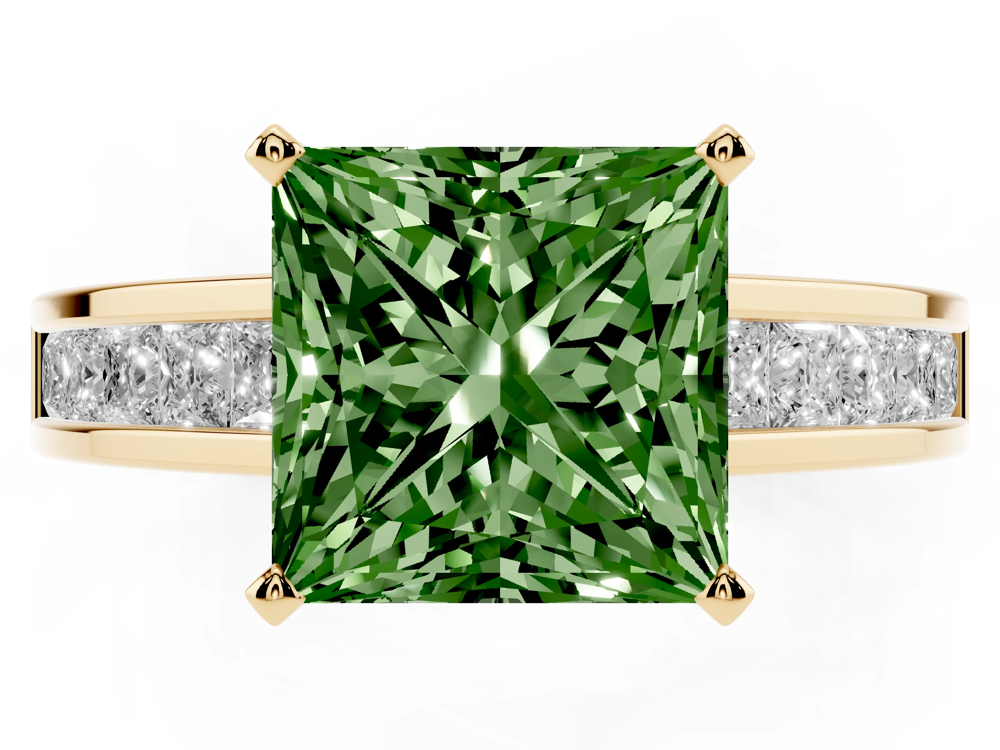 Fancy Green Princess Cut Diamond Solitaire Ring Set in Yellow gold with Channel-Set Band and Prong Setting