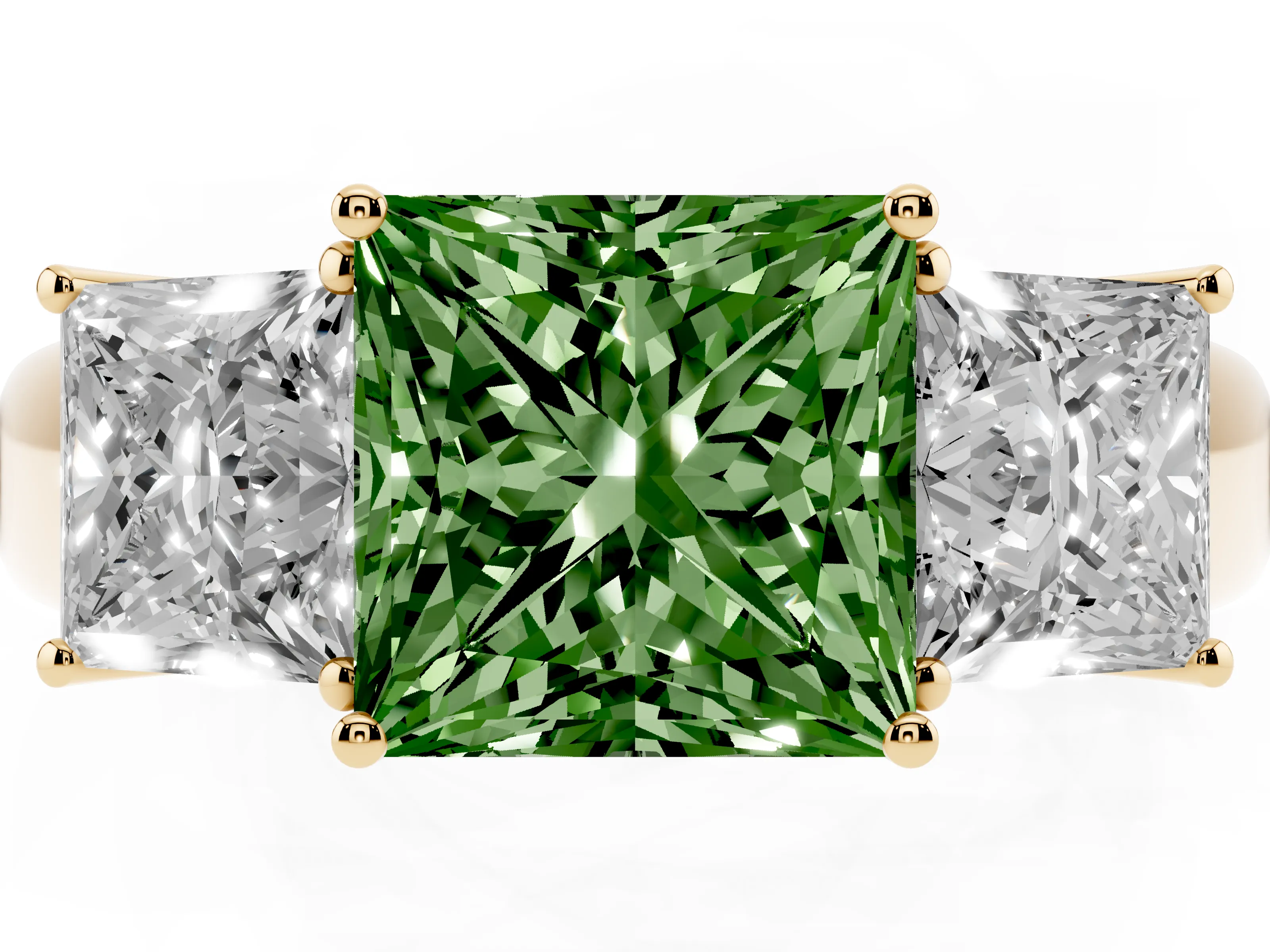 Fancy Green Three-Stone Princess Cut Diamond Ring Set in Yellow gold with Matching Prong Settings and Plain Band