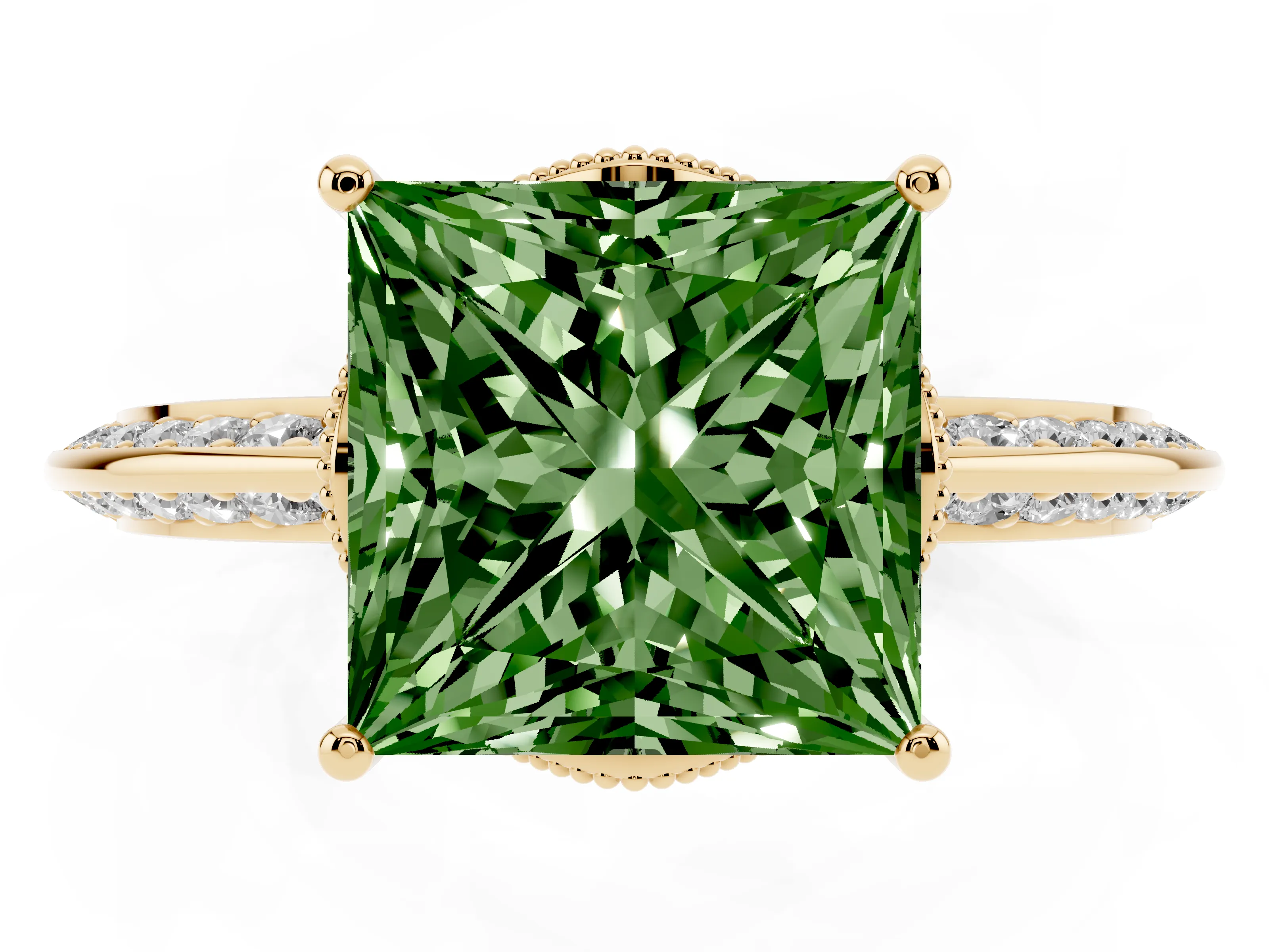 Fancy Green Princess Cut Diamond Solitaire Engagement Ring Set in Yellow gold with Pavé Split Shank and Prong Setting