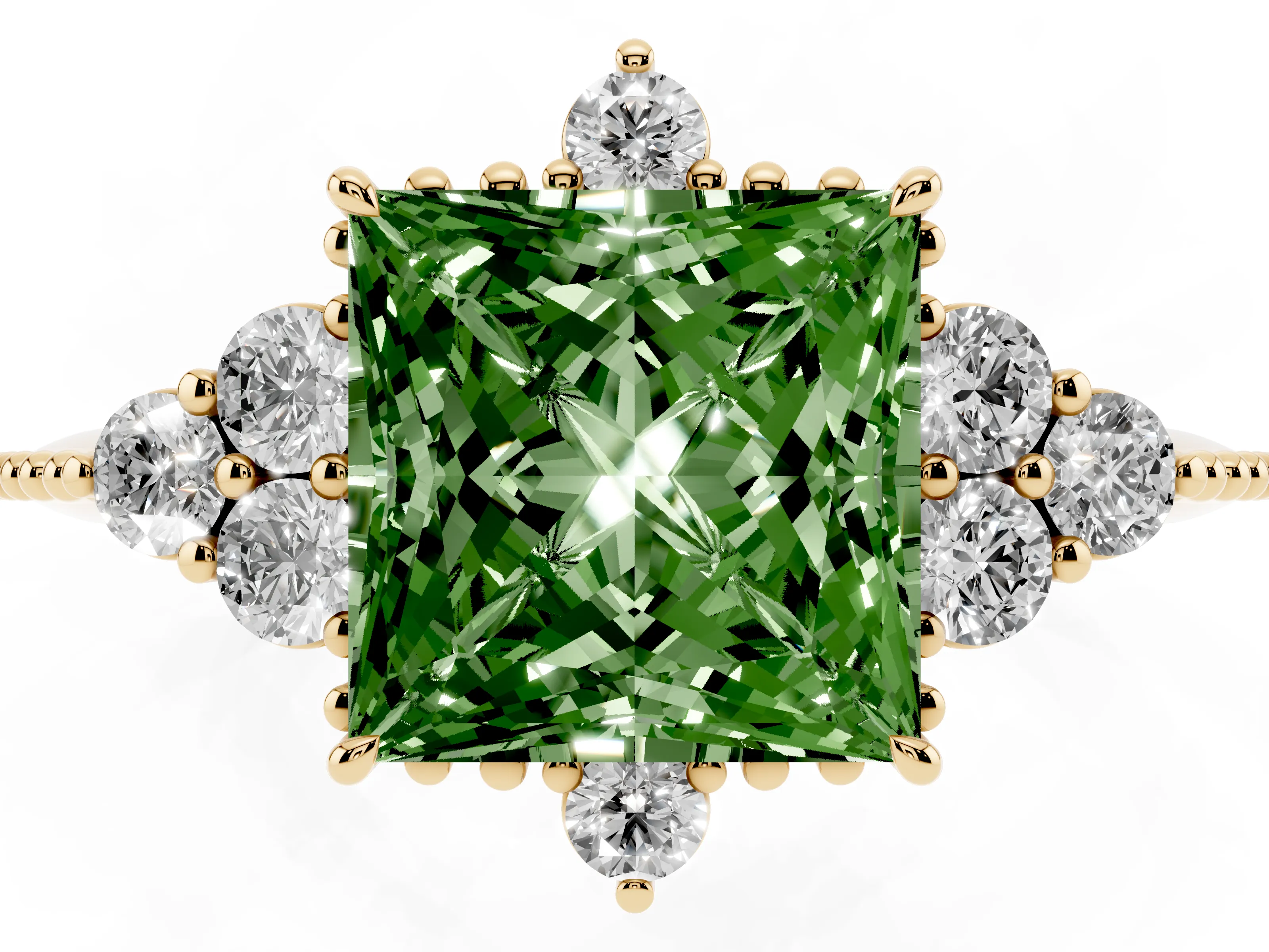 Fancy Green Princess Cut Diamond Cluster Ring Set in Yellow gold with Beaded Band
