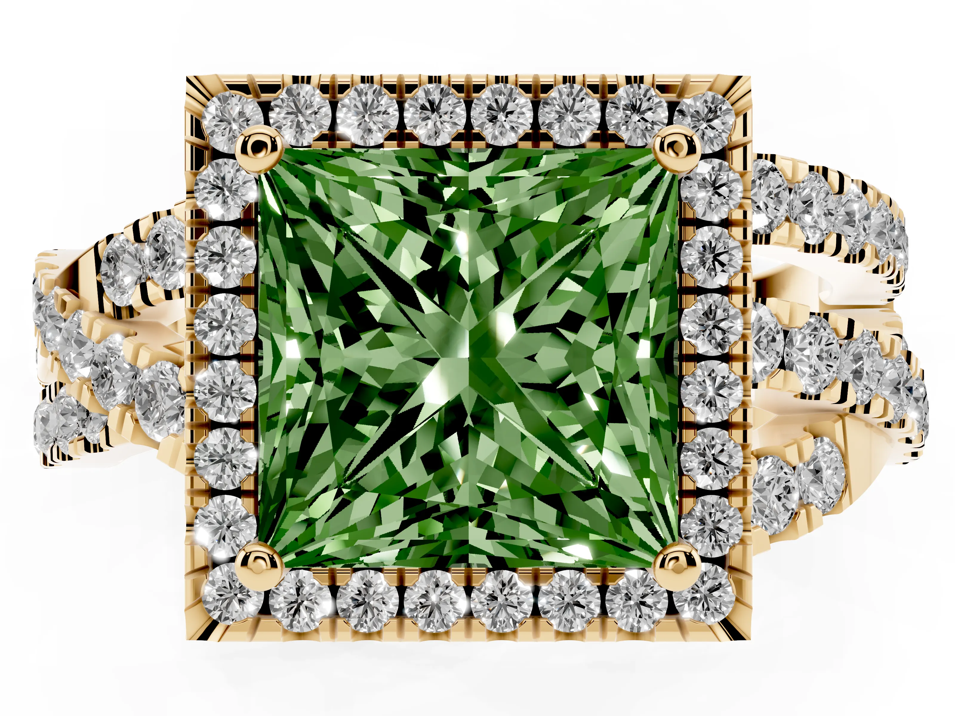 Fancy Green Princess Cut Diamond Halo Ring Set in Yellow gold with Round Crossover Split Shank and Prong Setting