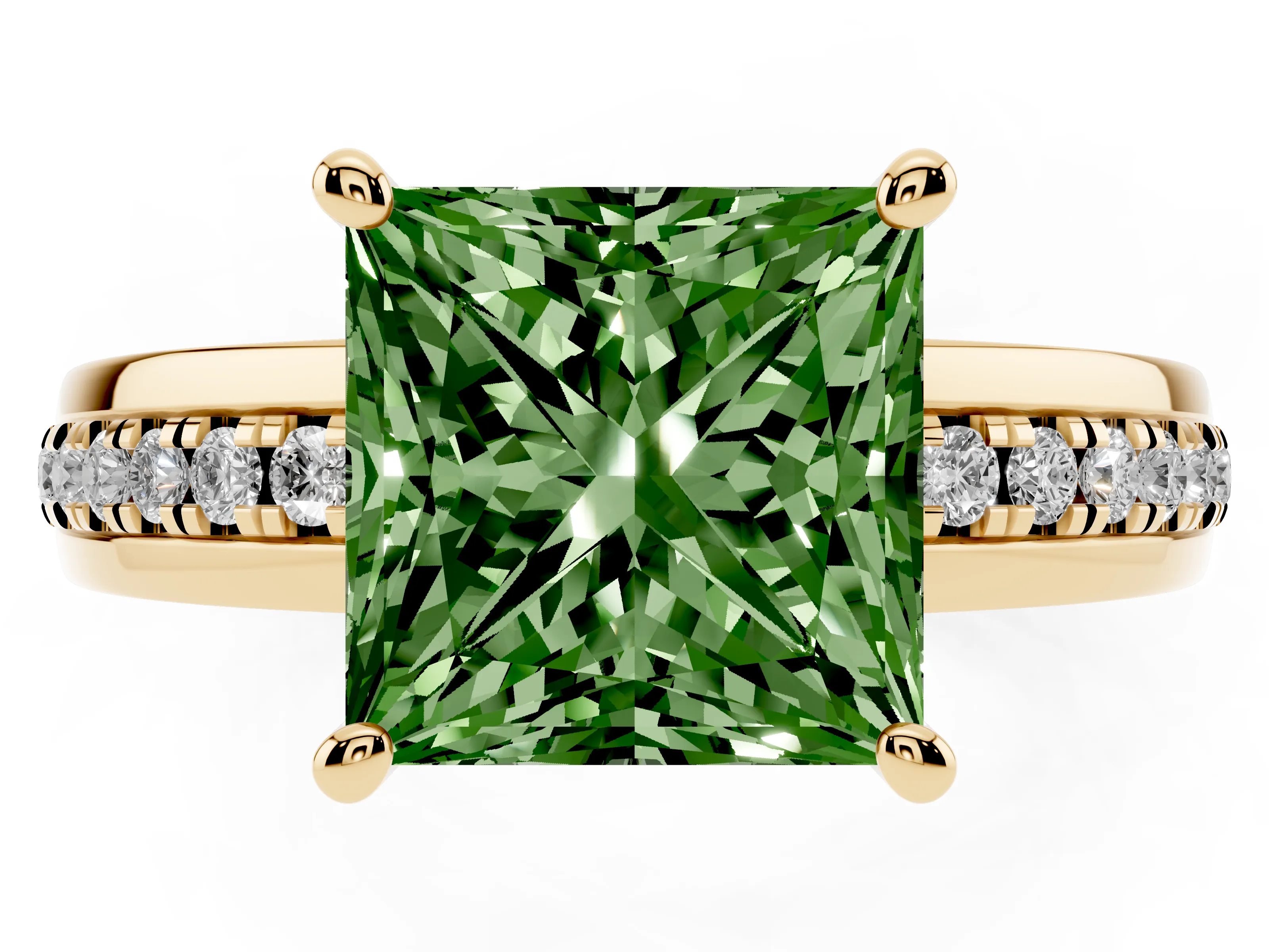 Fancy Green Princess Cut Diamond Solitaire Ring Set in Yellow gold with Channel Set Band and Prong Setting