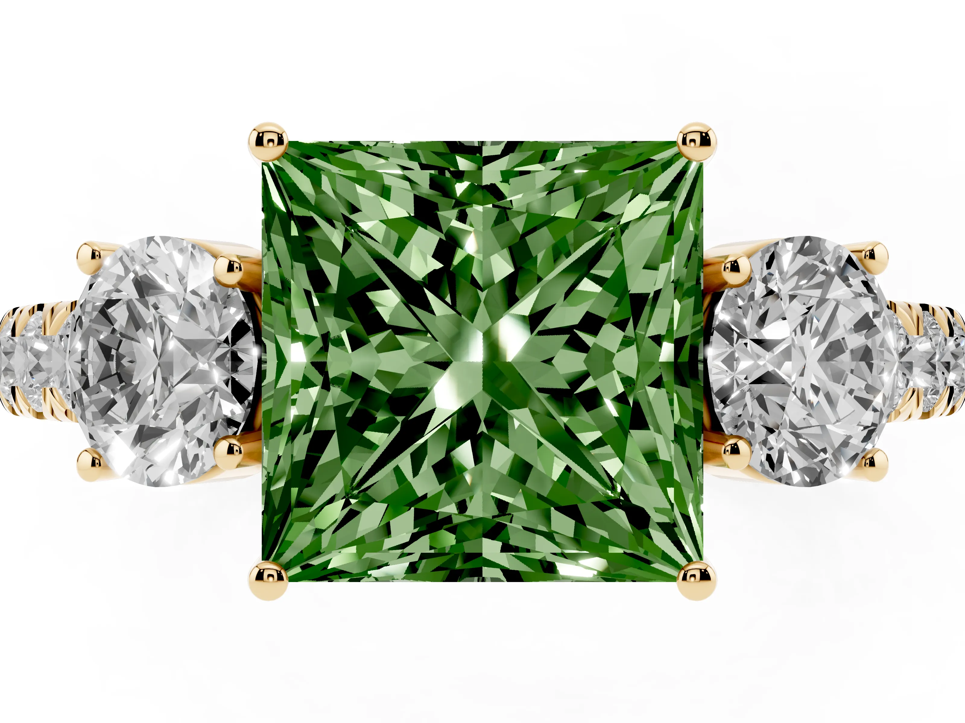 Fancy Green Princess Cut Diamond Three-Stone Ring Set in Yellow gold with Round Side Stones and Delicate Pavé Band