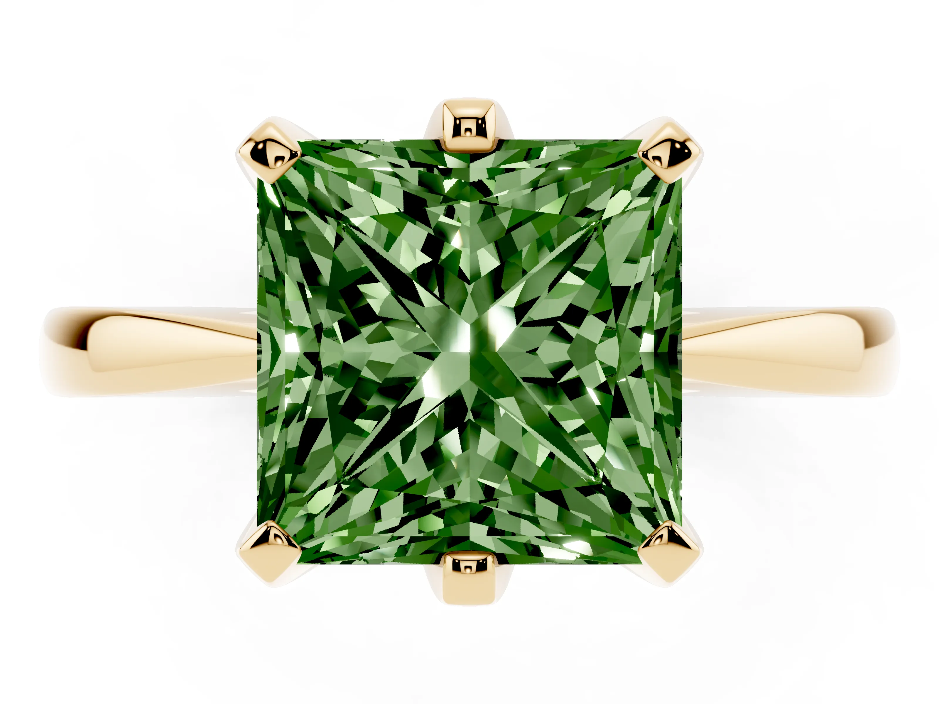 Fancy Green Princess Cut Diamond Solitaire Engagement Ring Set in Yellow gold with Slim Tapered Solitaire Band