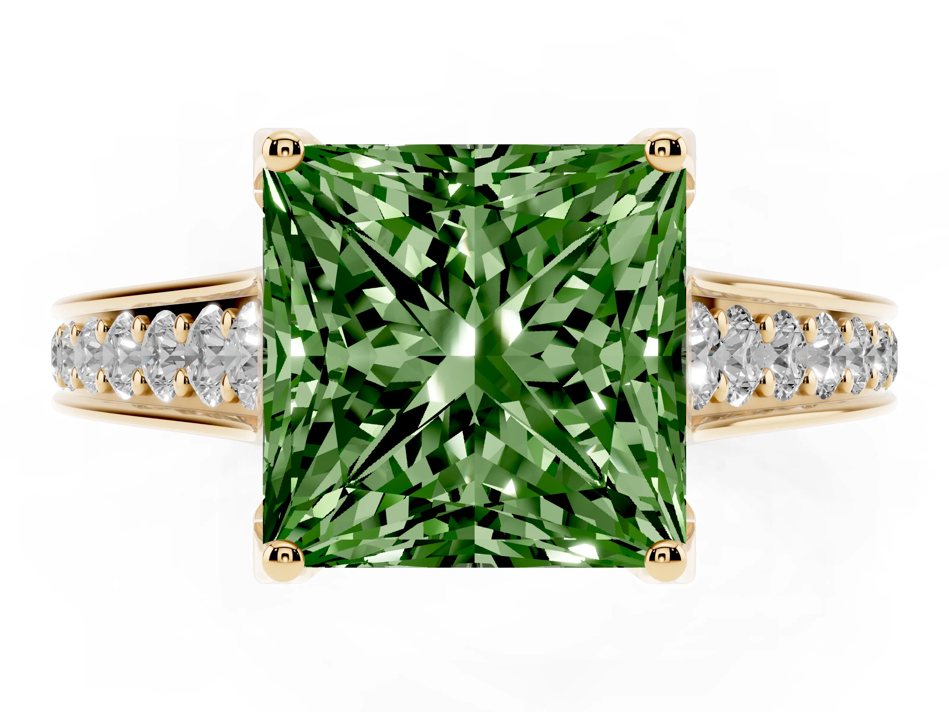 Fancy Green Princess Cut Diamond Solitaire Pavé Engagement Ring Set in Yellow gold with Prong Setting