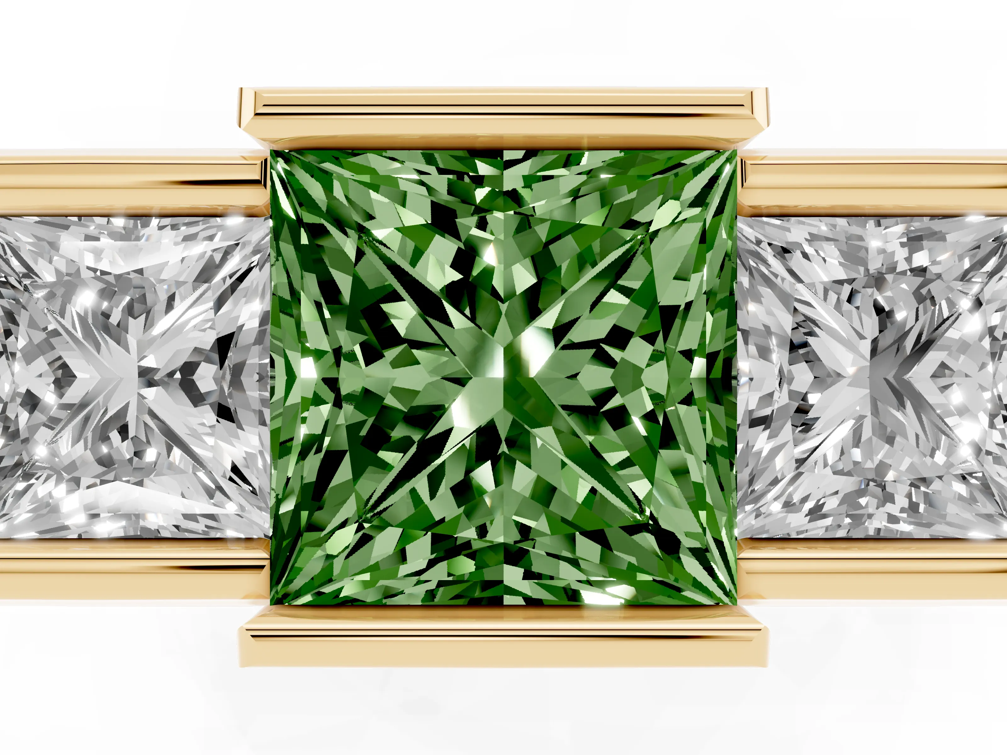 Fancy Green Princess Cut Diamond Three-Stone Channel Set Ring Set in Yellow gold with Smooth Polished Band