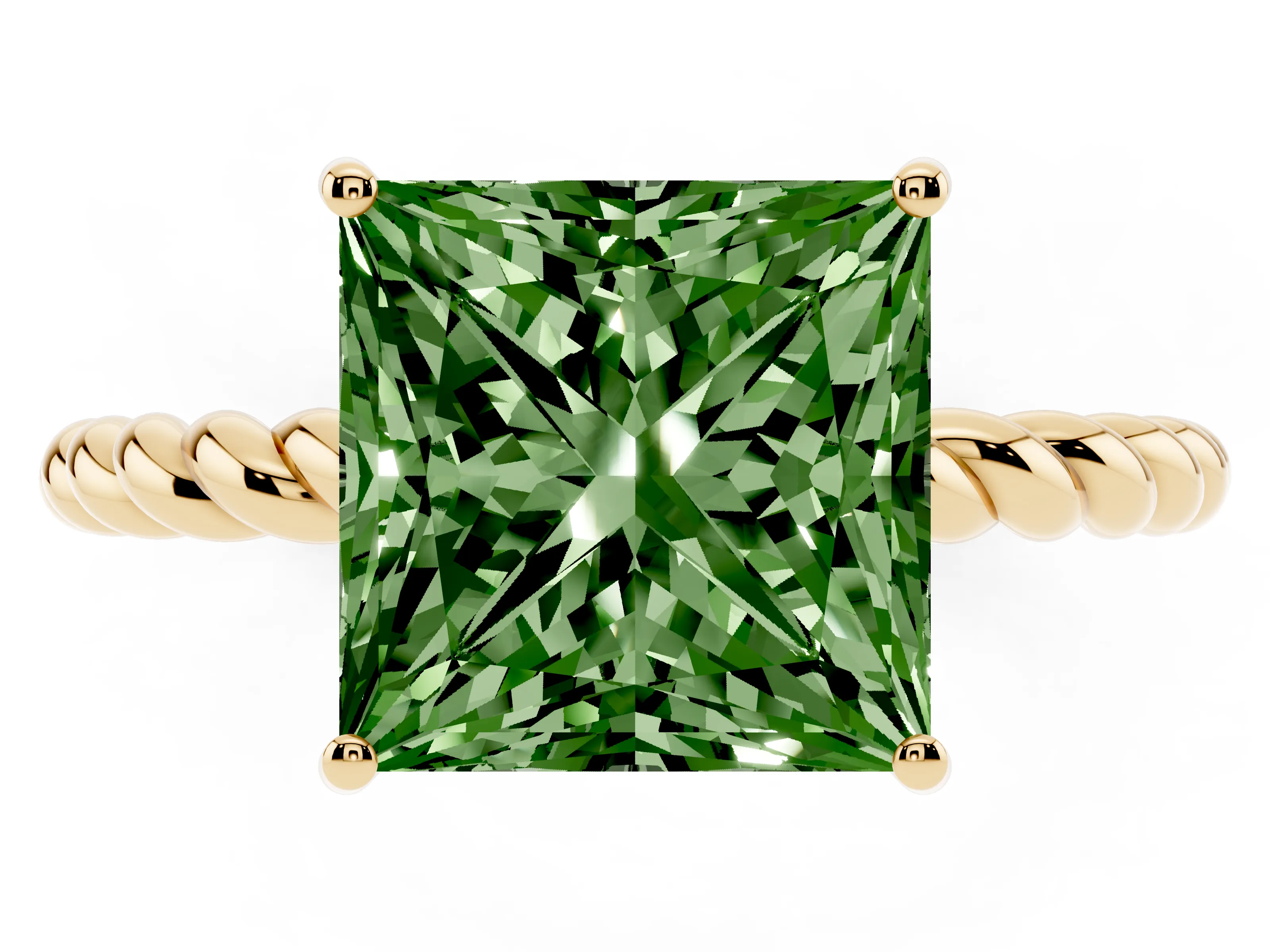 Fancy Green Princess Cut Diamond Solitaire Ring Set in Yellow gold with Twist Band and Prong Setting