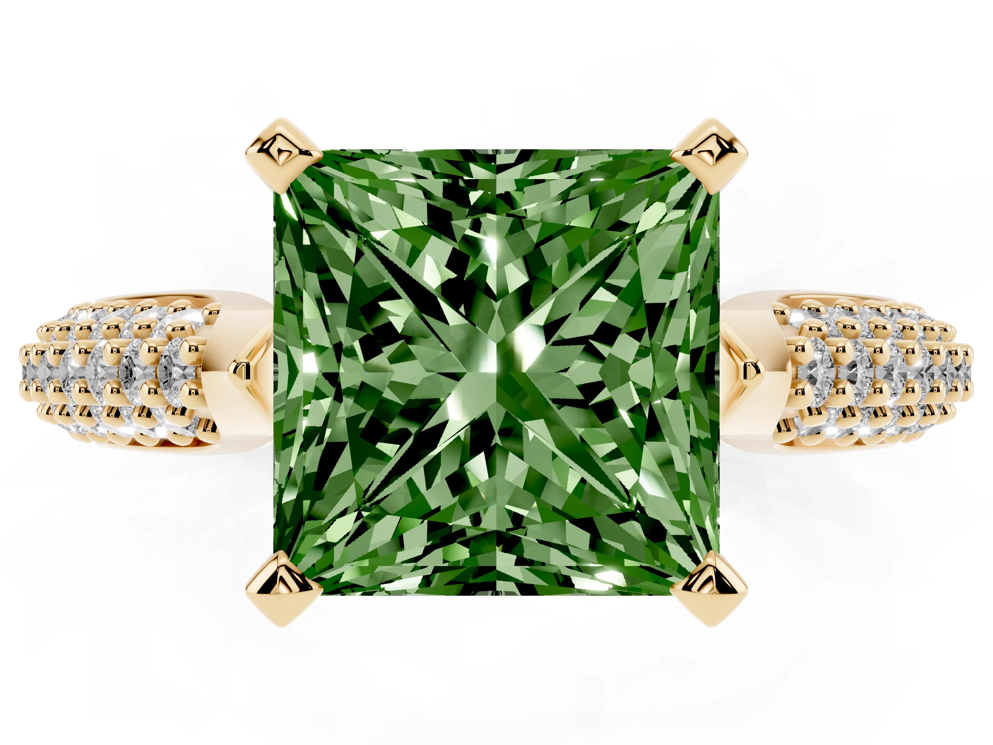 Fancy Green Princess Cut Diamond Solitaire Engagement Ring Set in Yellow gold with Multi-Row Round Pavé Band and Prong Setting