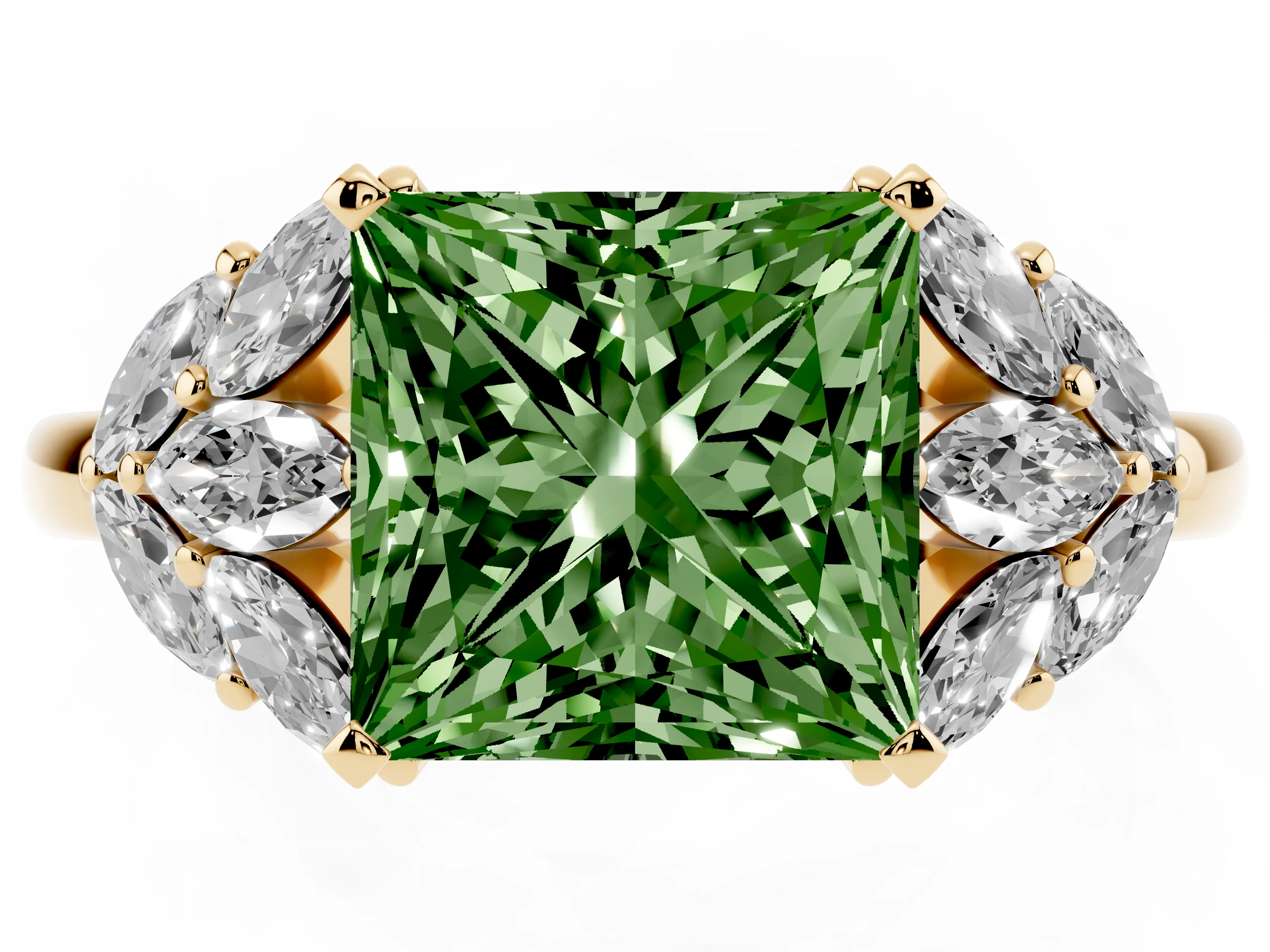 Fancy Green Princess Cut Diamond Cluster Leaf Design Ring Set in Yellow gold with Prong Setting