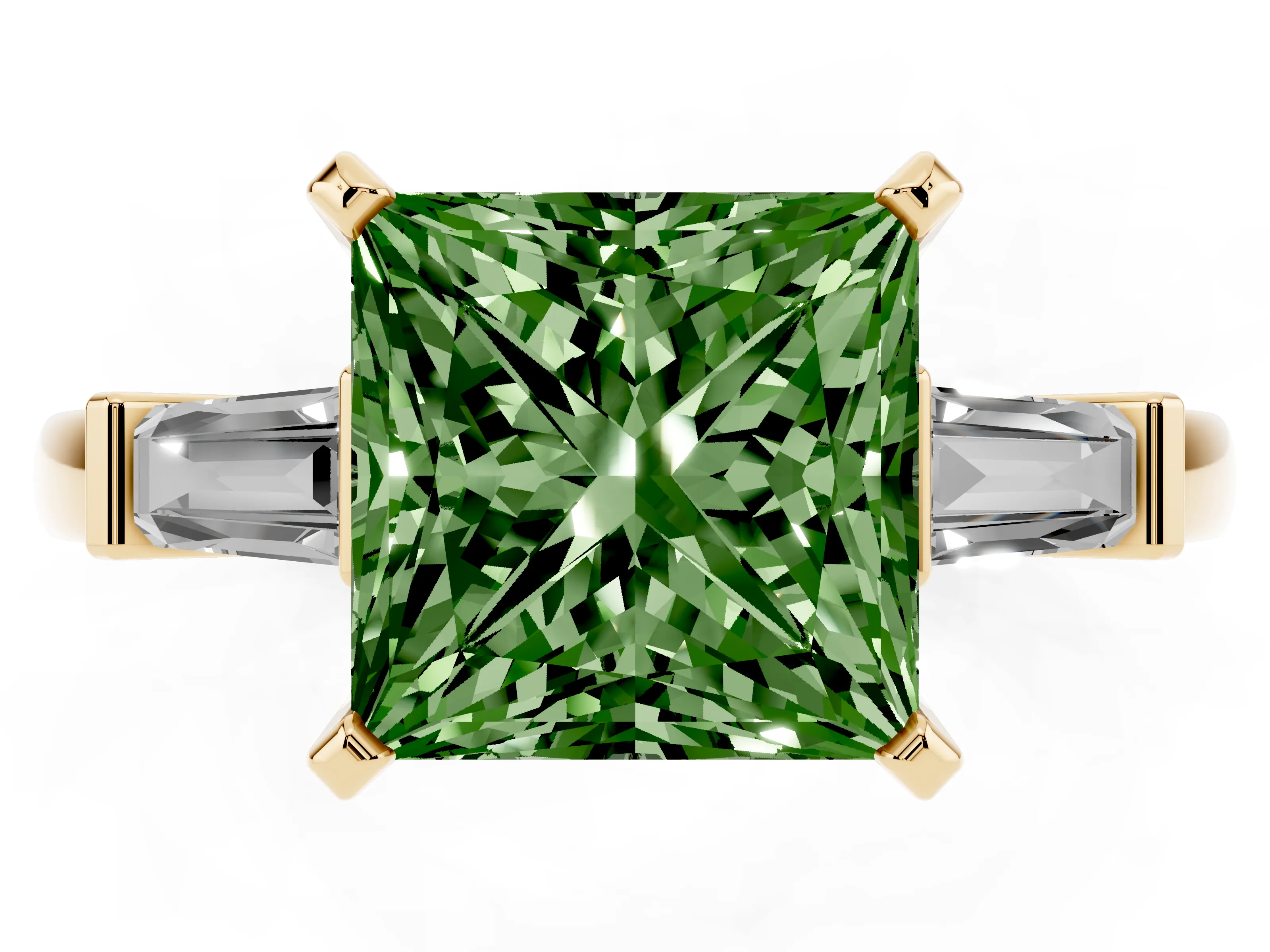 Fancy Green Princess Cut Diamond Solitaire Ring Set in Yellow gold with Tapered Baguette Accents and Prong Setting