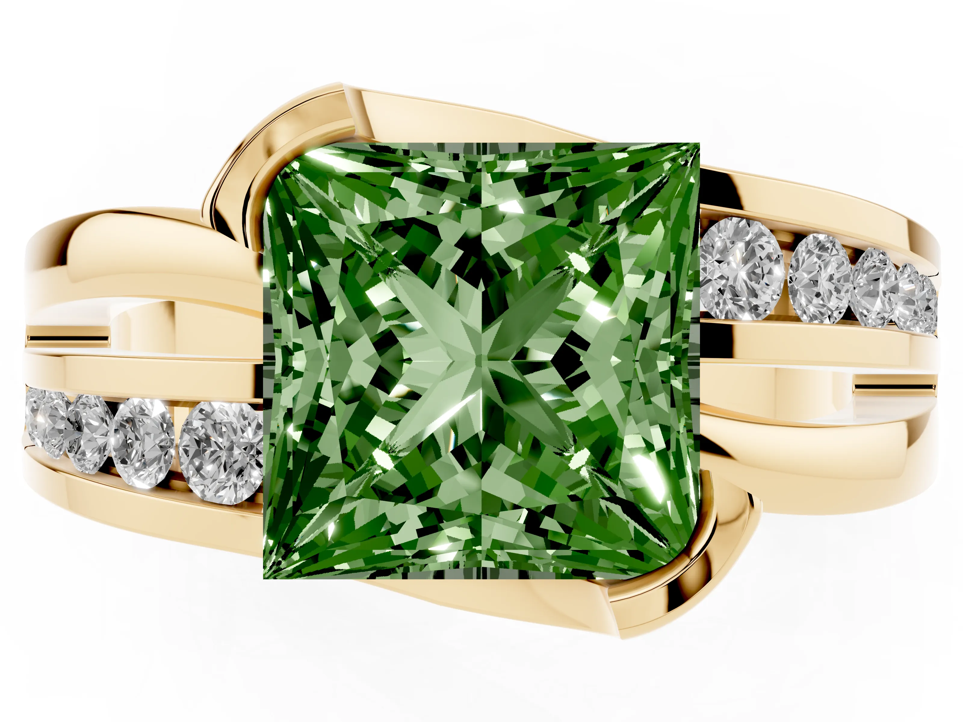 Fancy Green Princess Cut Diamond Solitaire Ring Set in Yellow gold with Channel Set Split Shank and Tension Prongs