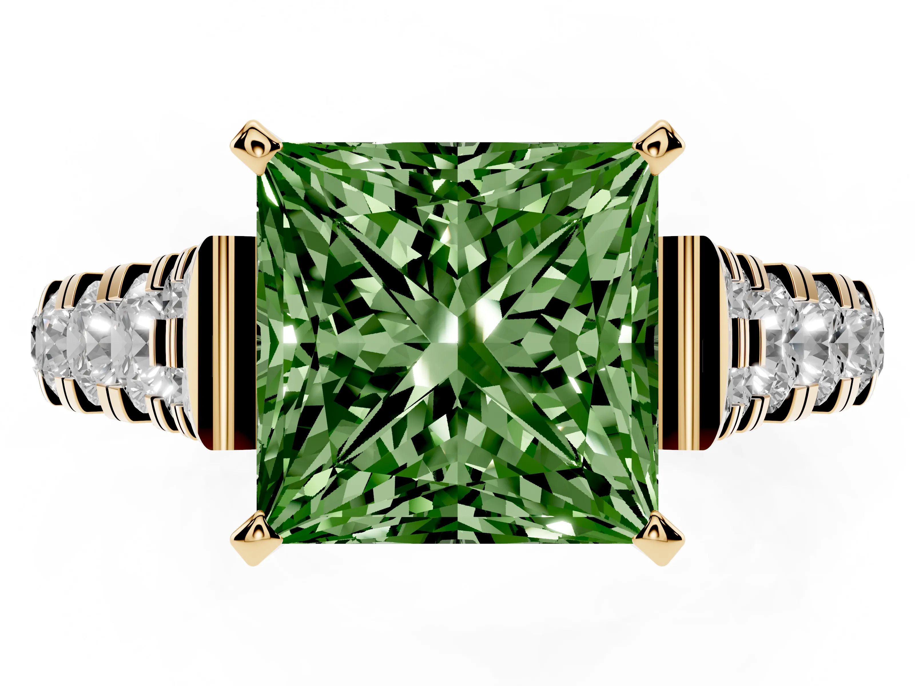 Fancy Green Princess Cut Diamond Classic Solitaire Ring Set in Yellow gold with Pavé Band and Prong Setting
