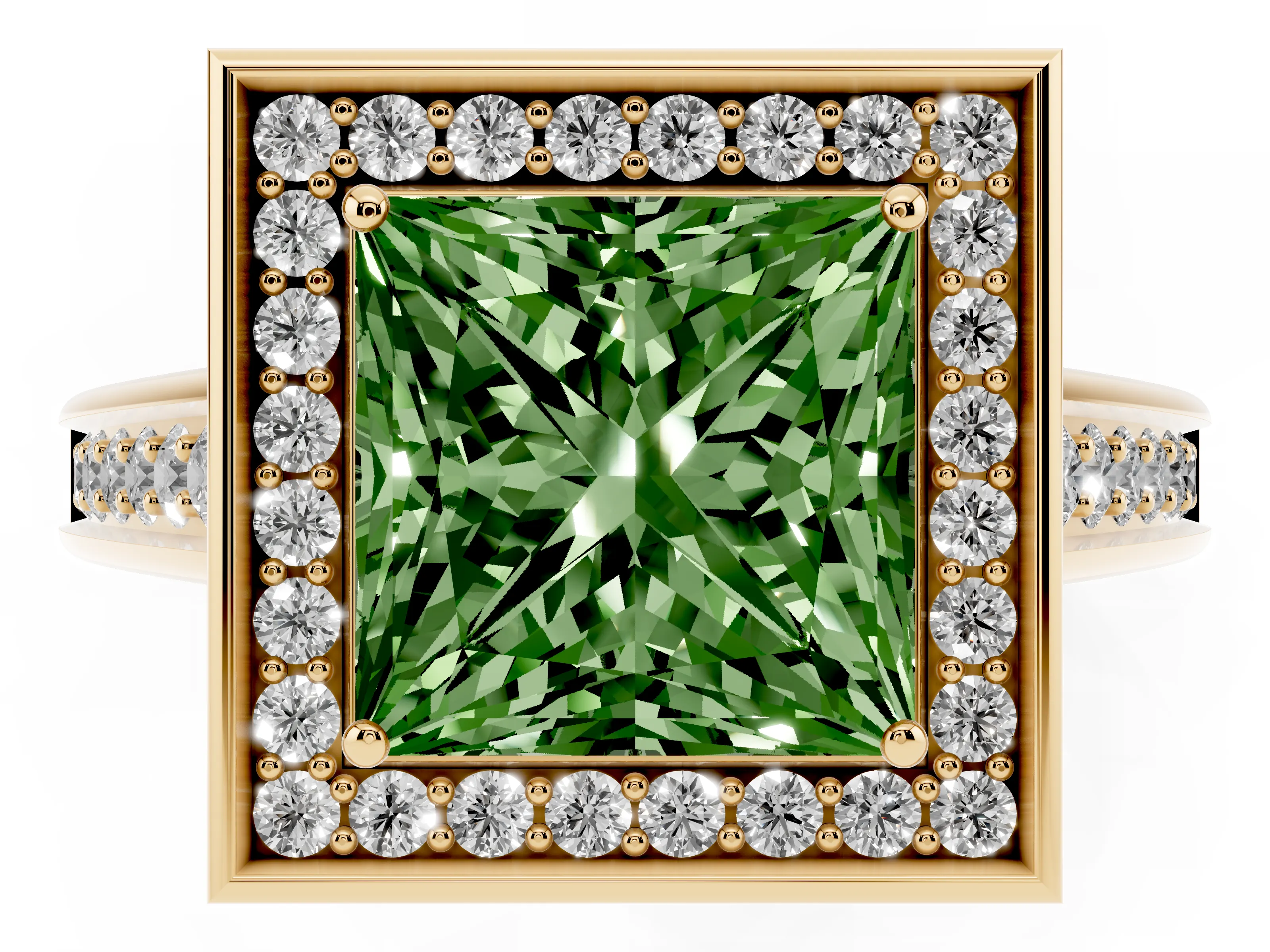 Fancy Green Princess Cut Diamond Halo Solitaire Ring Set in Yellow gold with Pavé Band and Bezel Setting
