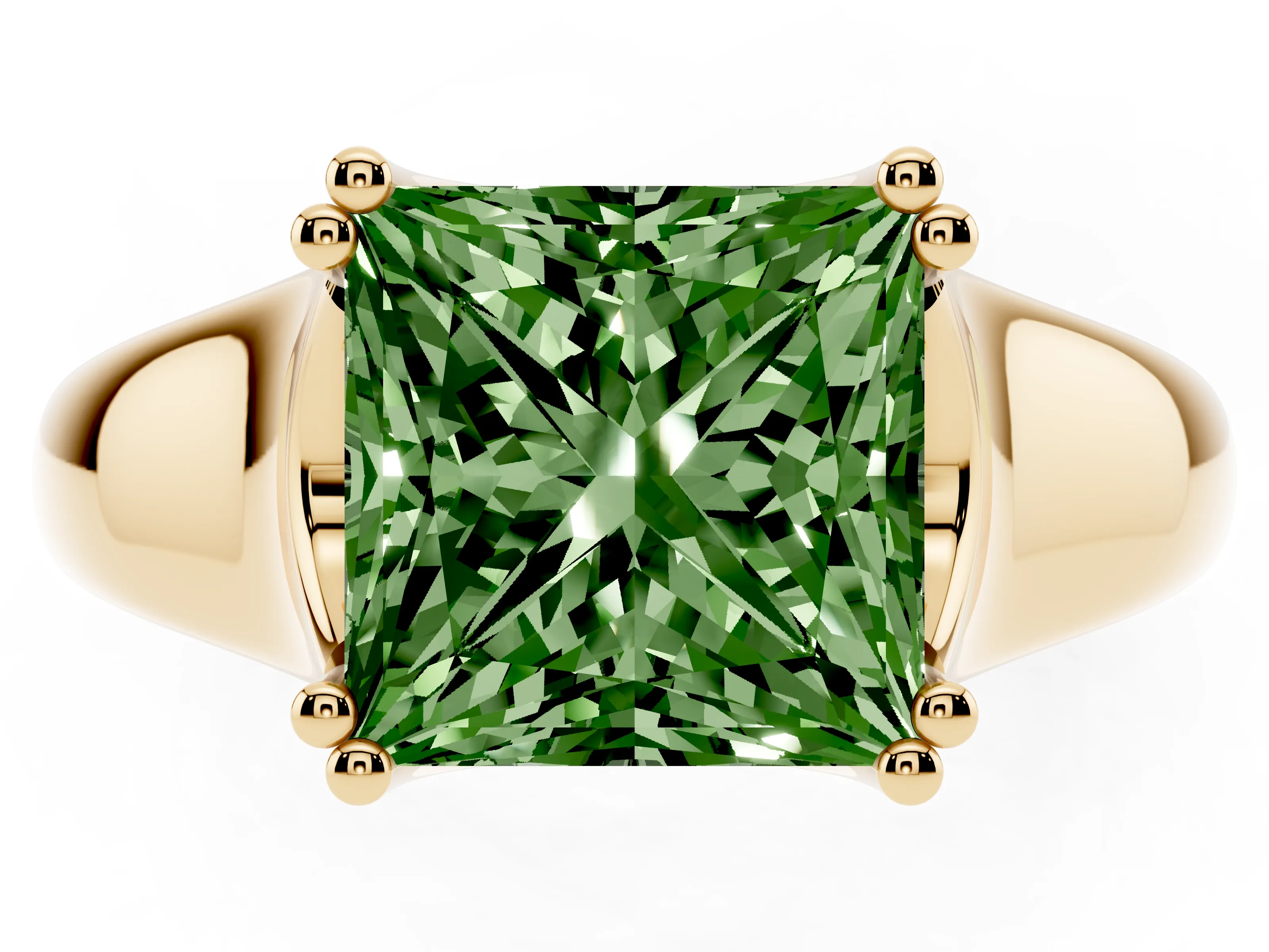 Fancy Green Princess Cut Diamond Solitaire Ring Set in Yellow gold with Wide Band and Prong Setting