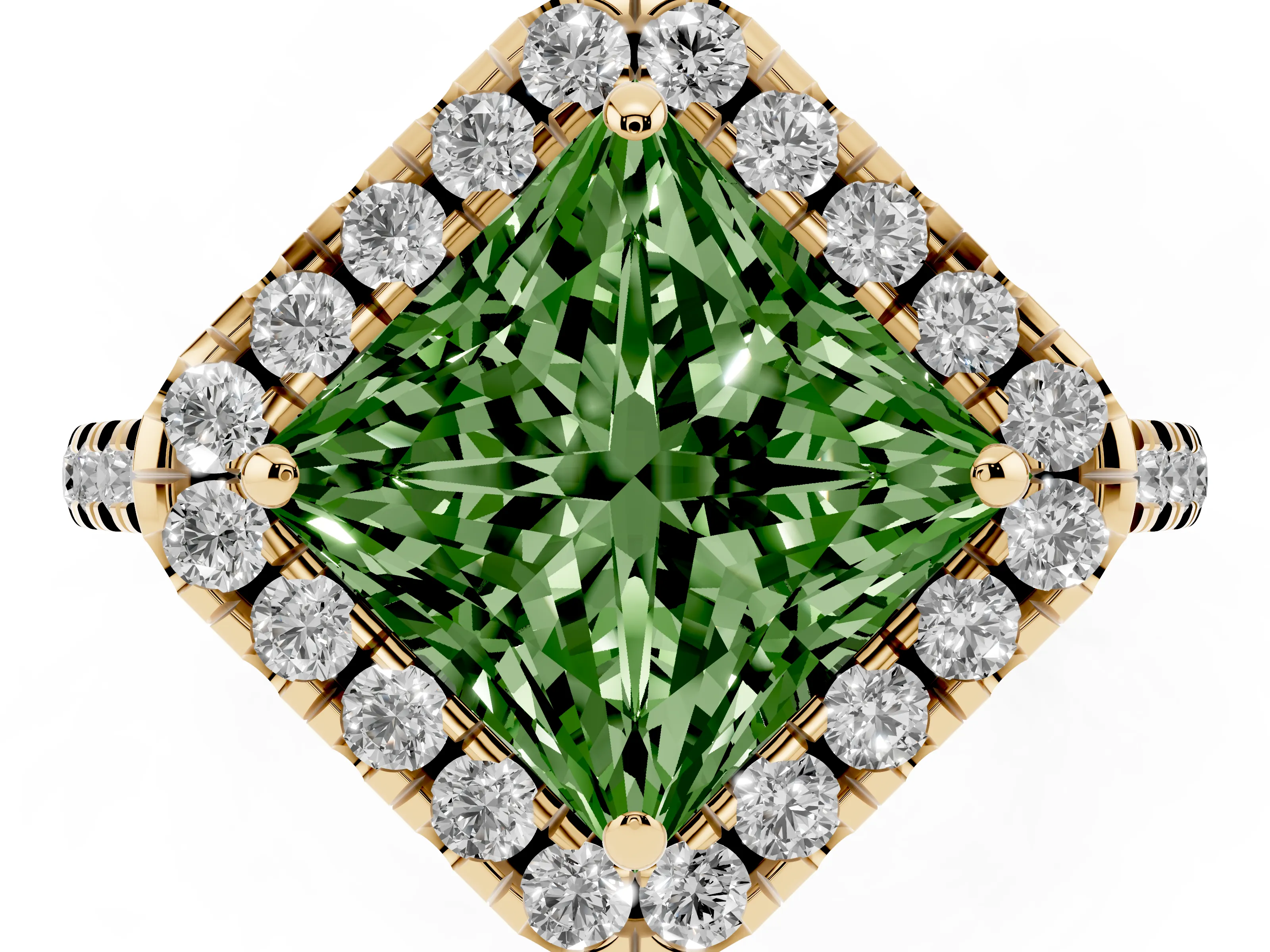 Fancy Green Princess Cut Diamond Cushion Halo Ring Set in Yellow gold with Pavé Band