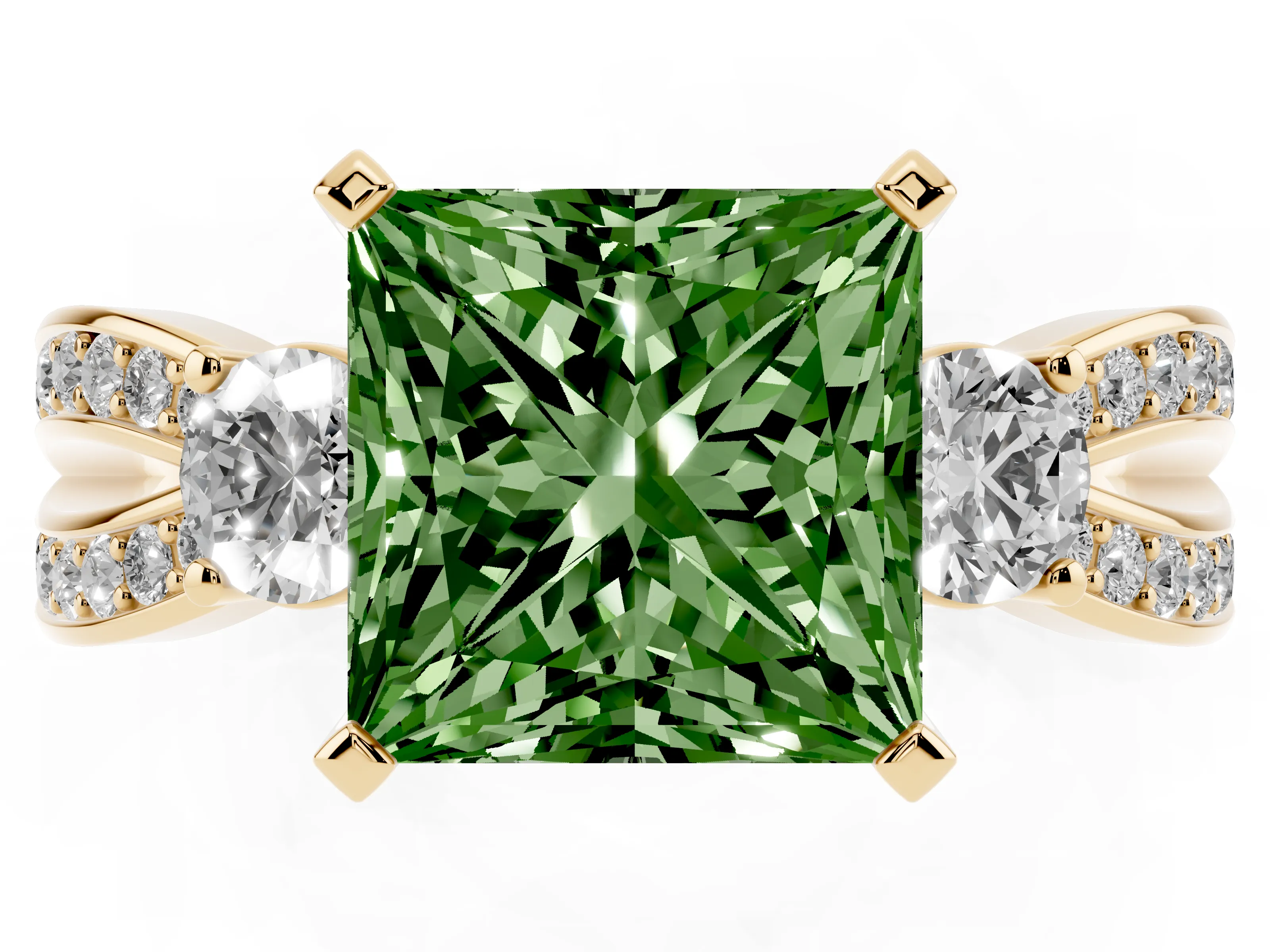 Fancy Green Three-Stone Princess Cut Diamond Twist Band Ring Set in Yellow gold with Pavé Accents and Prong Setting